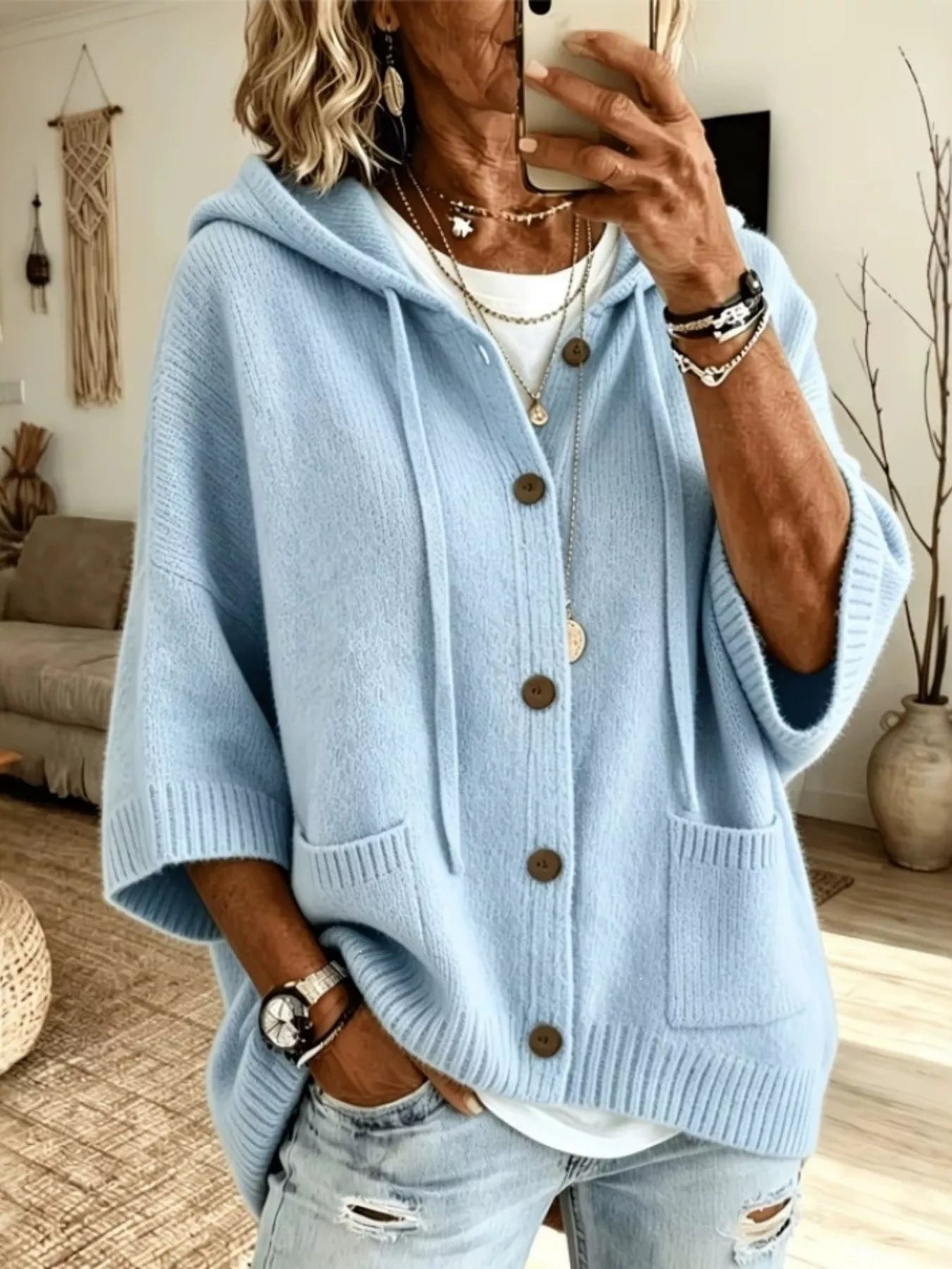 Trendsi Hooded Button-Down Knit Cardigan -