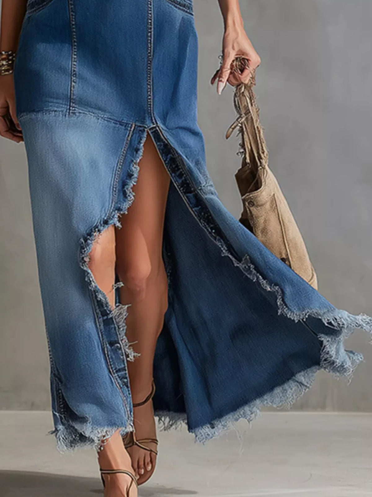 Trendsi Sleeveless Frayed Hem V-Neck Denim Maxi Dress -