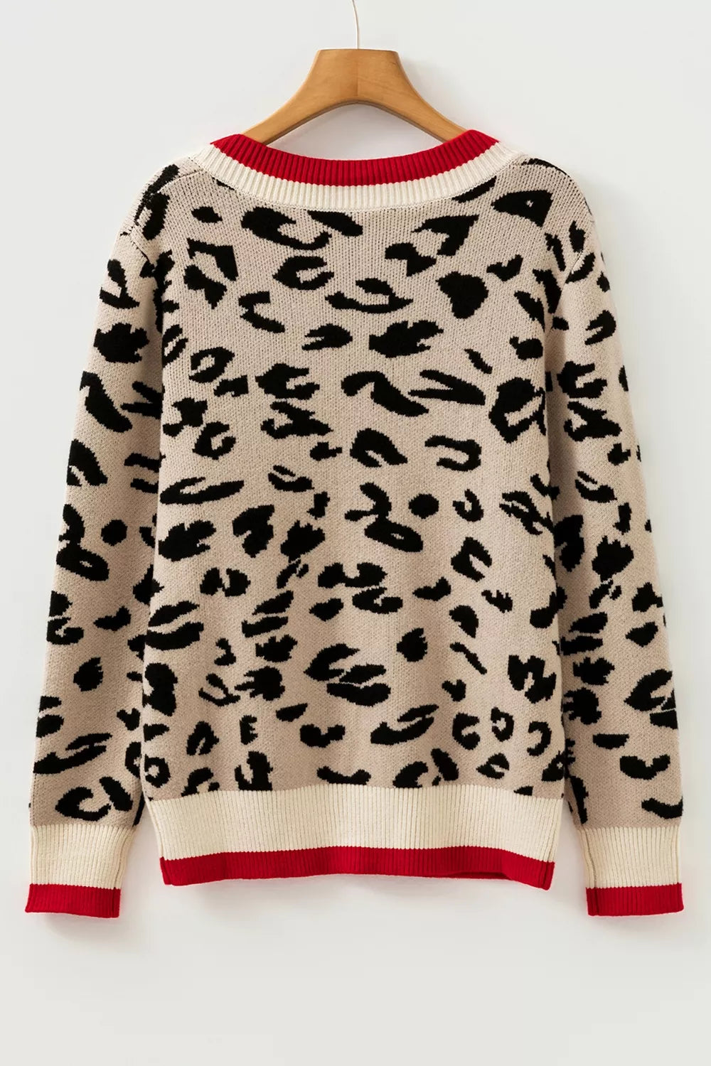 Trendsi Leopard Pattern V-Neck Contrast Rib Knitted Sweater -