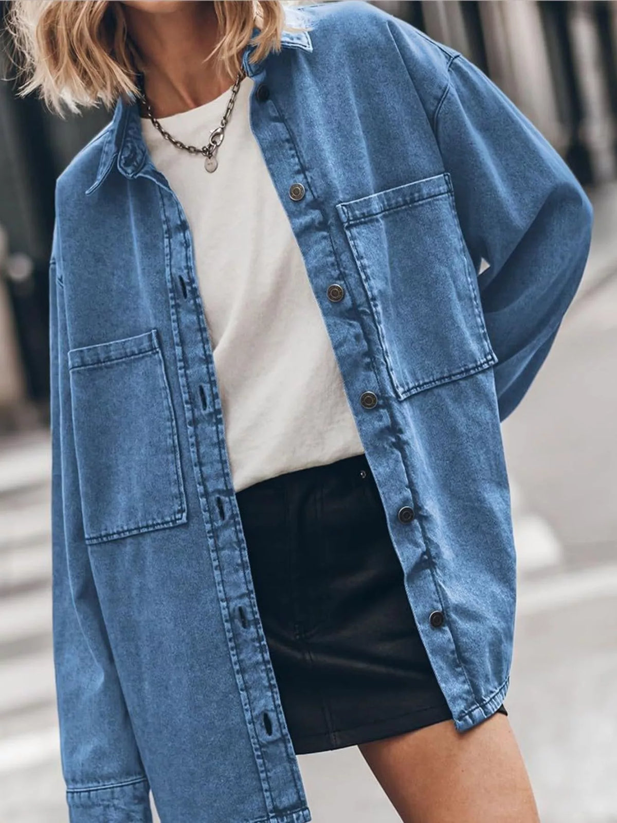 Button-Up Dropped Shoulder Denim Shacket — front view