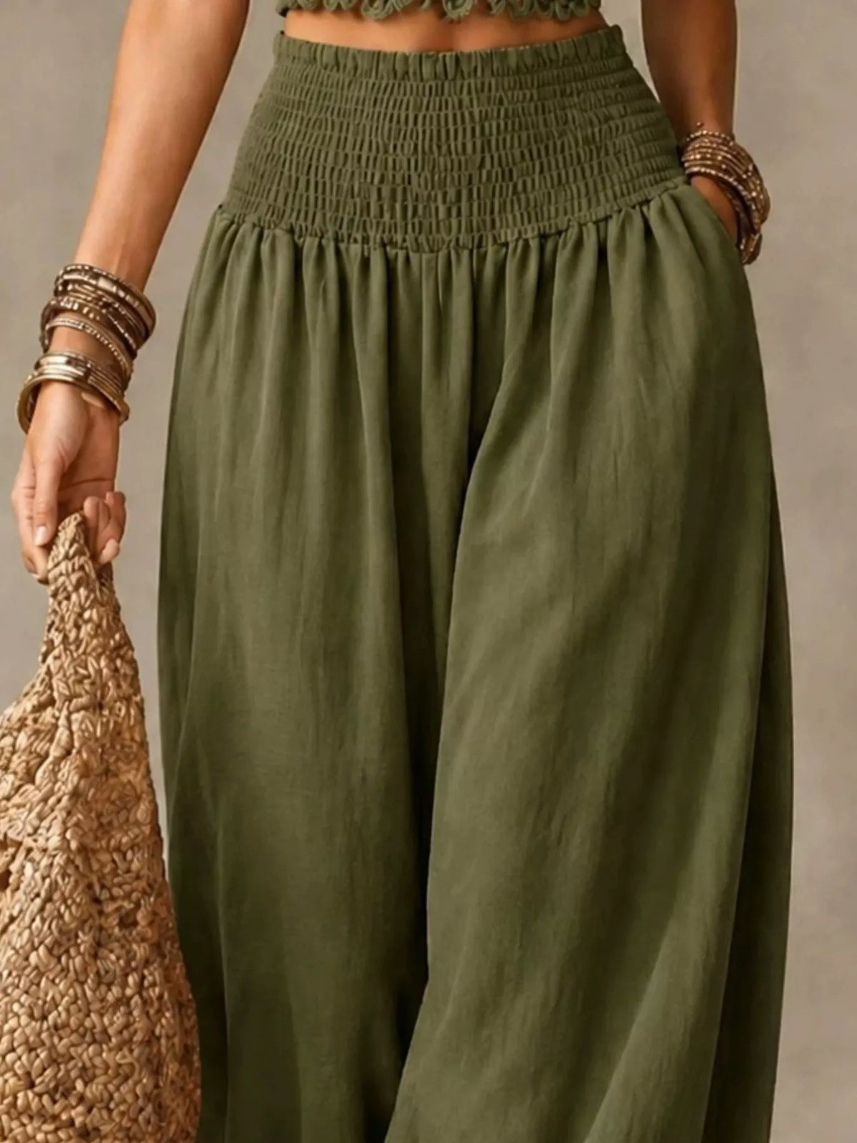 Women's Smocked Harem Pants in olive — waist detail view