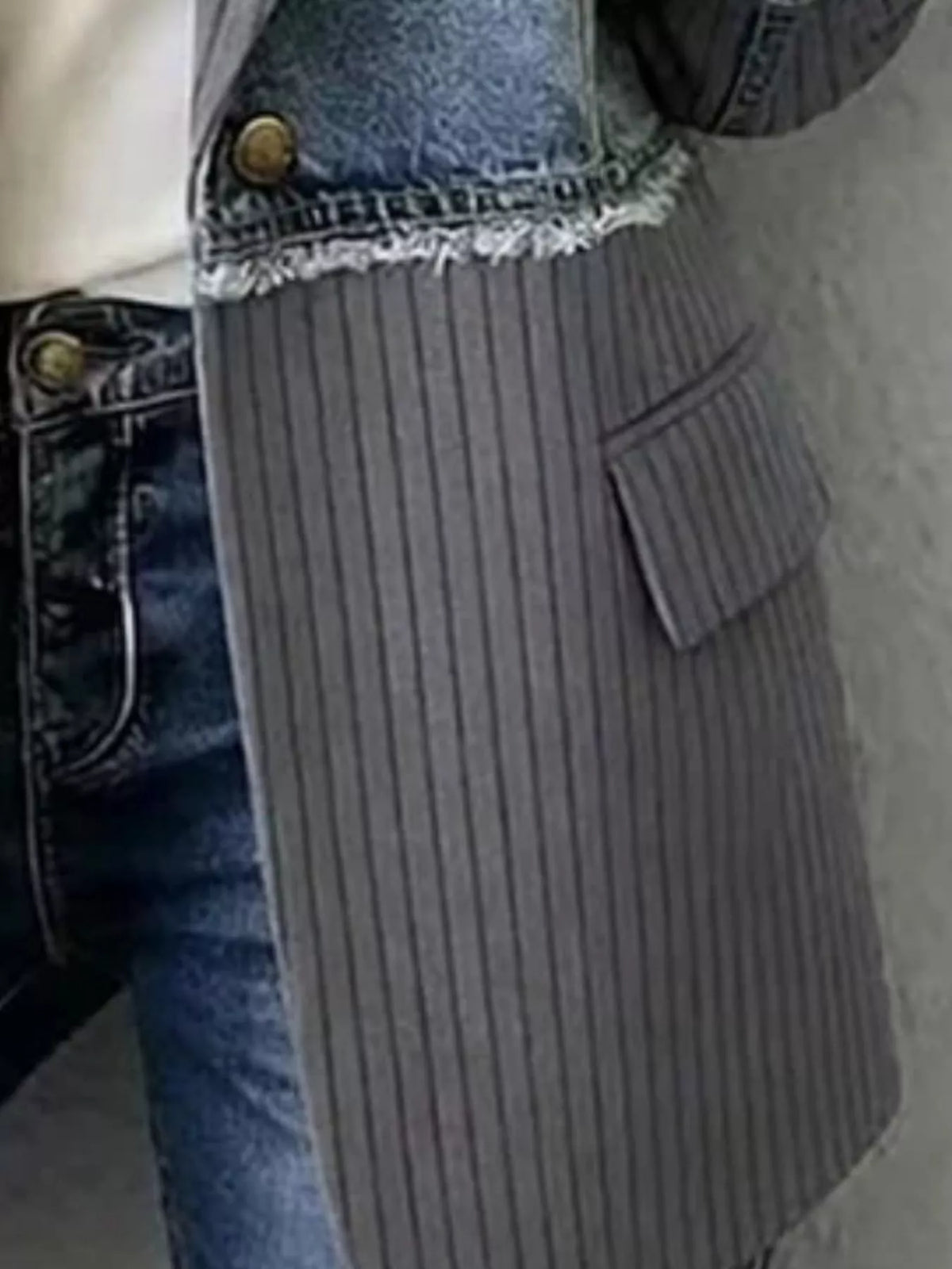 Gray and blue ribbed blazer with contrasting panels, pocket and ribbed panel detail