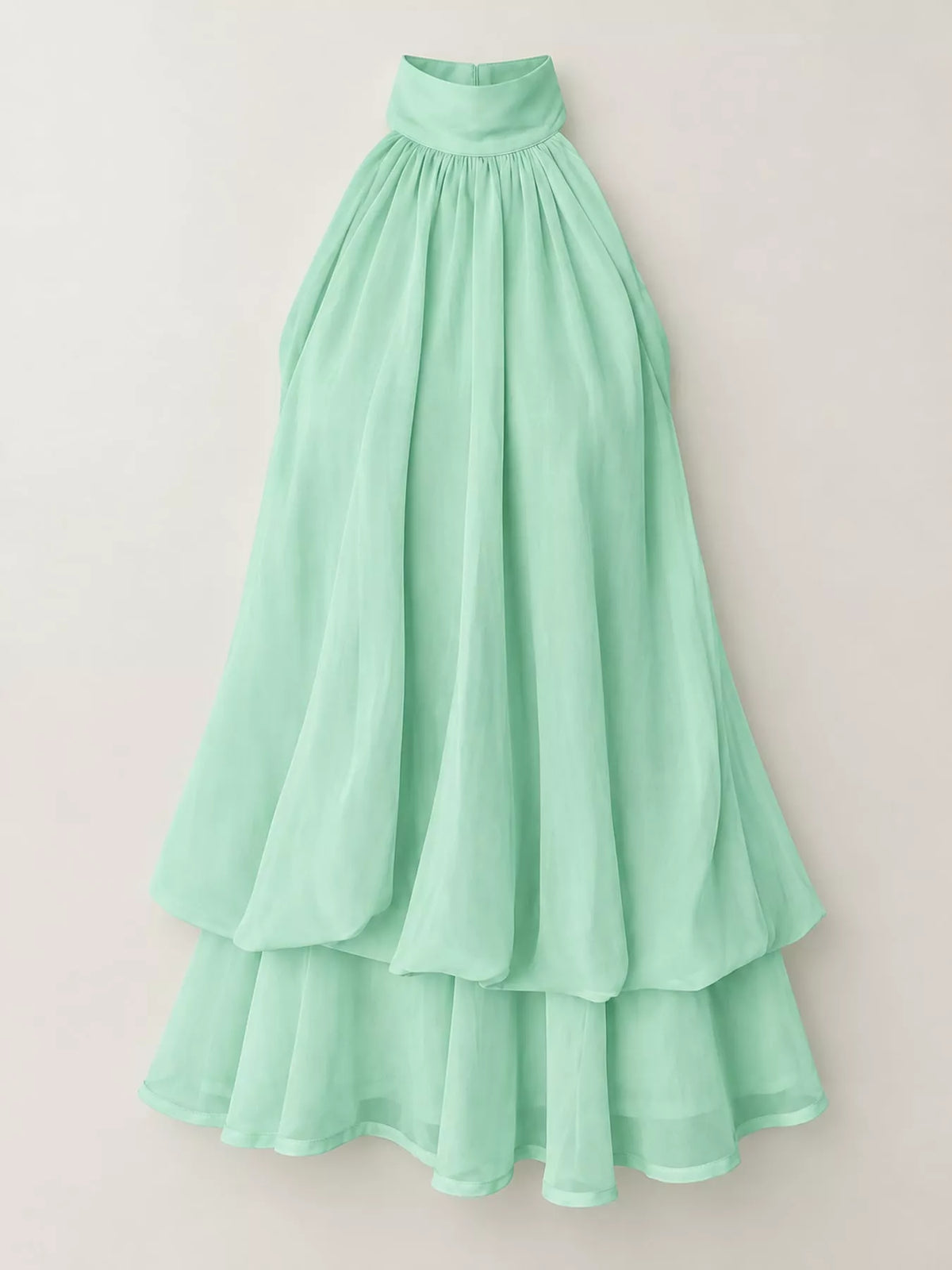 Mint green halter neck layered mini dress, front product view