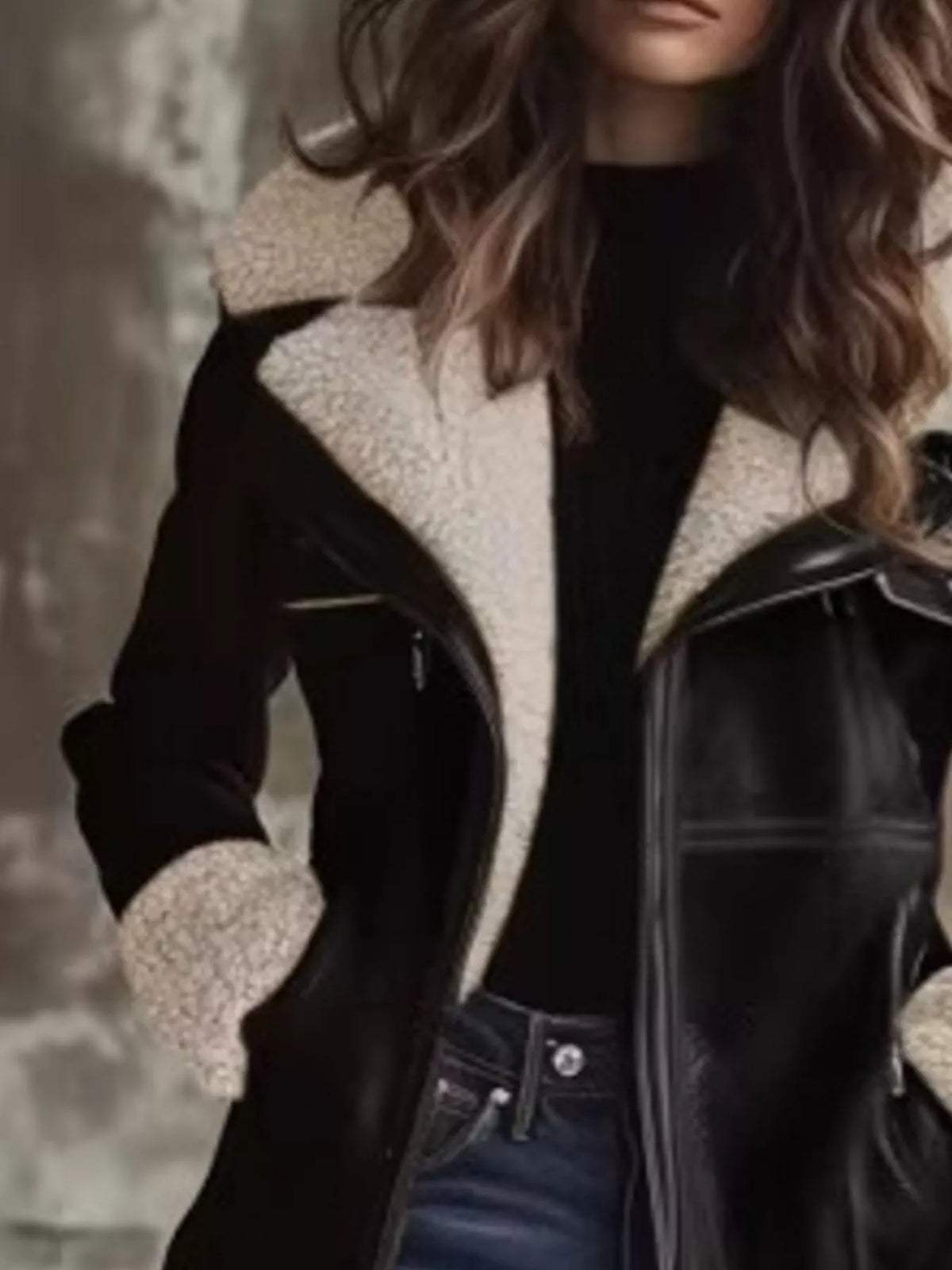 Black sherpa-trim zip-up faux leather jacket