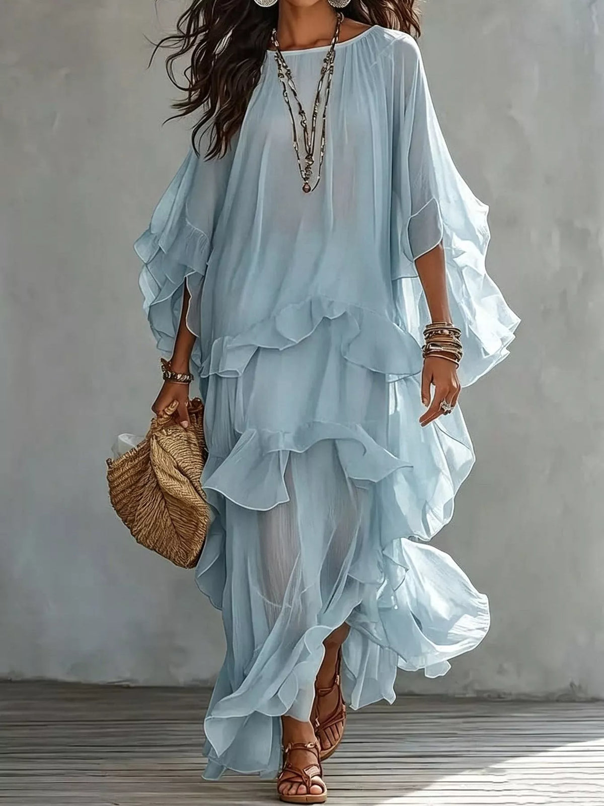 Light blue ruffled layered bohemian maxi dress, front view