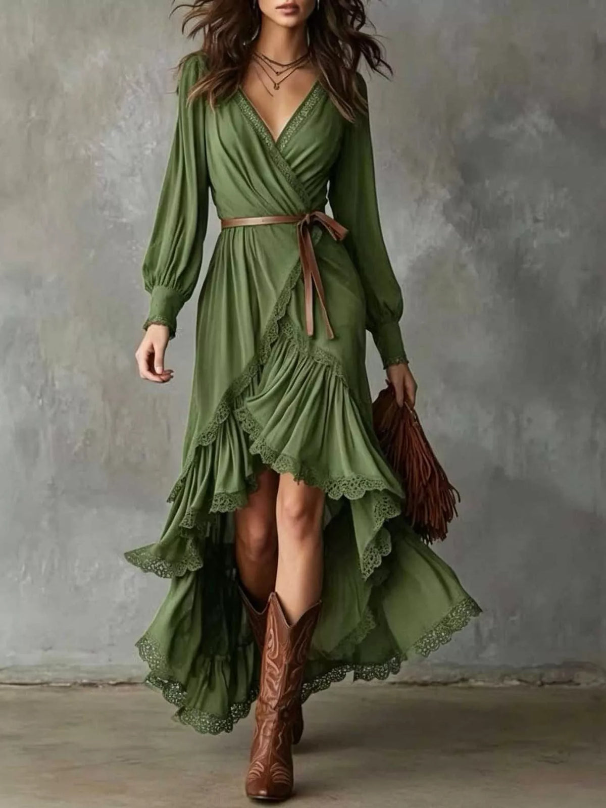 High-Low Hem Surplice Dress in army green
