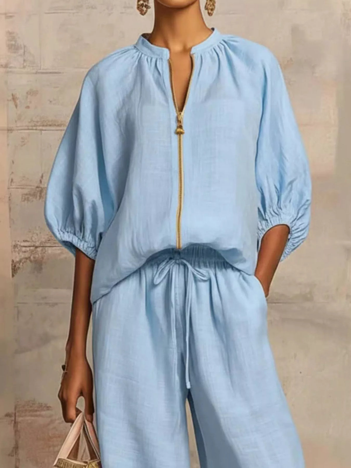 Zip-front top and wide-leg pants set