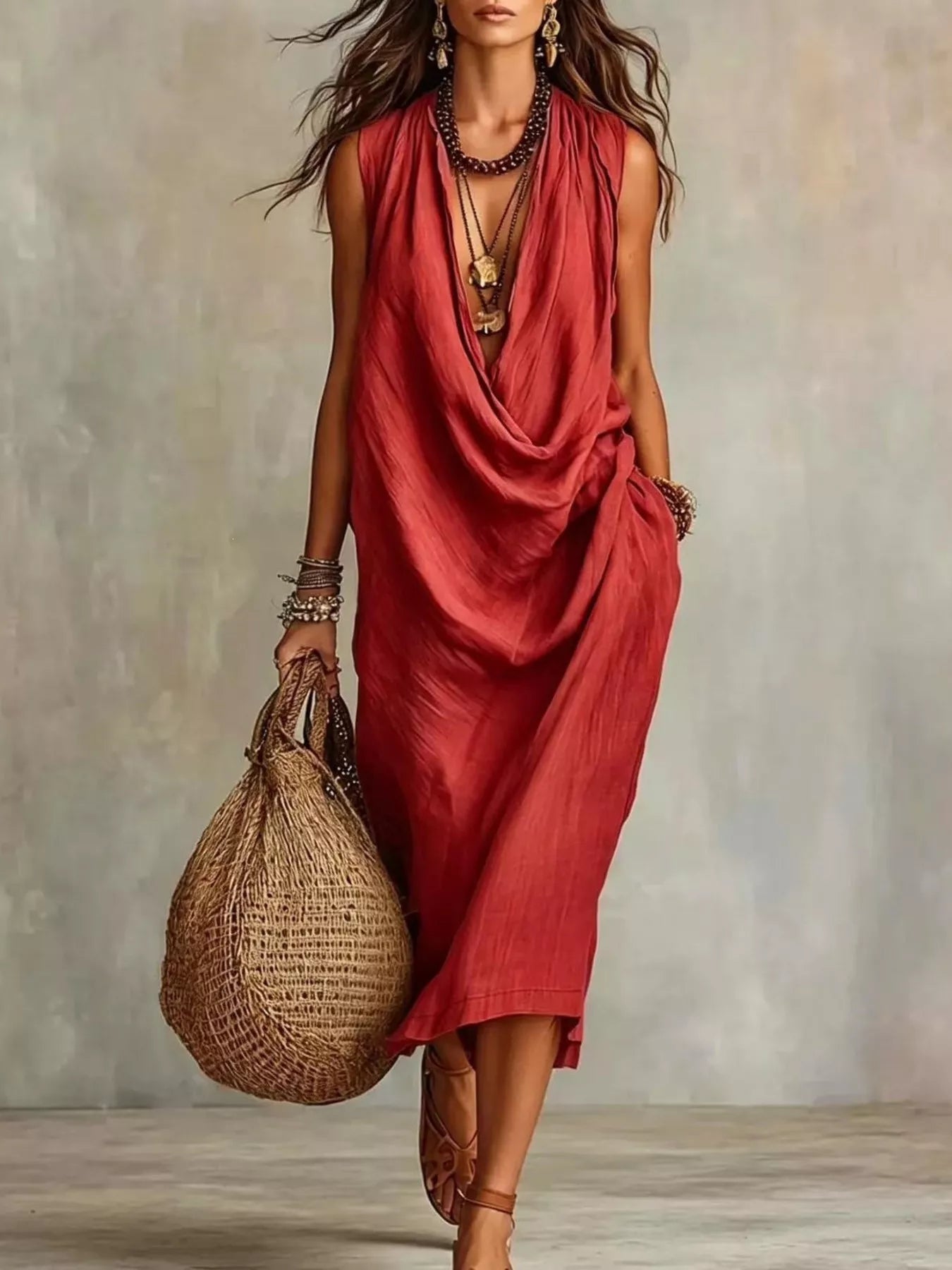 Trendsi Full Size Cowl Neck Sleeveless Midi Dress Plus Size -