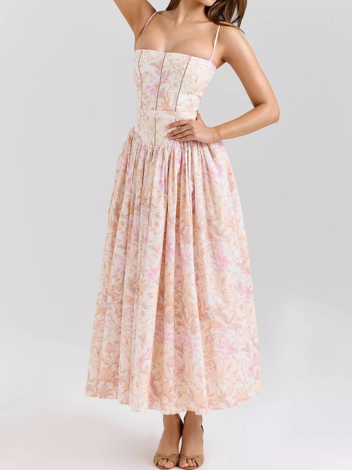 Women's Paneled Bodice Gathered Midi Dress in peach floral — front view