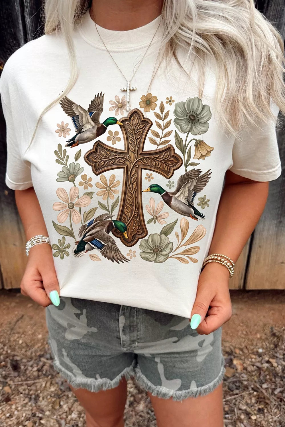 White mallard cross floral graphic T-shirt, front view