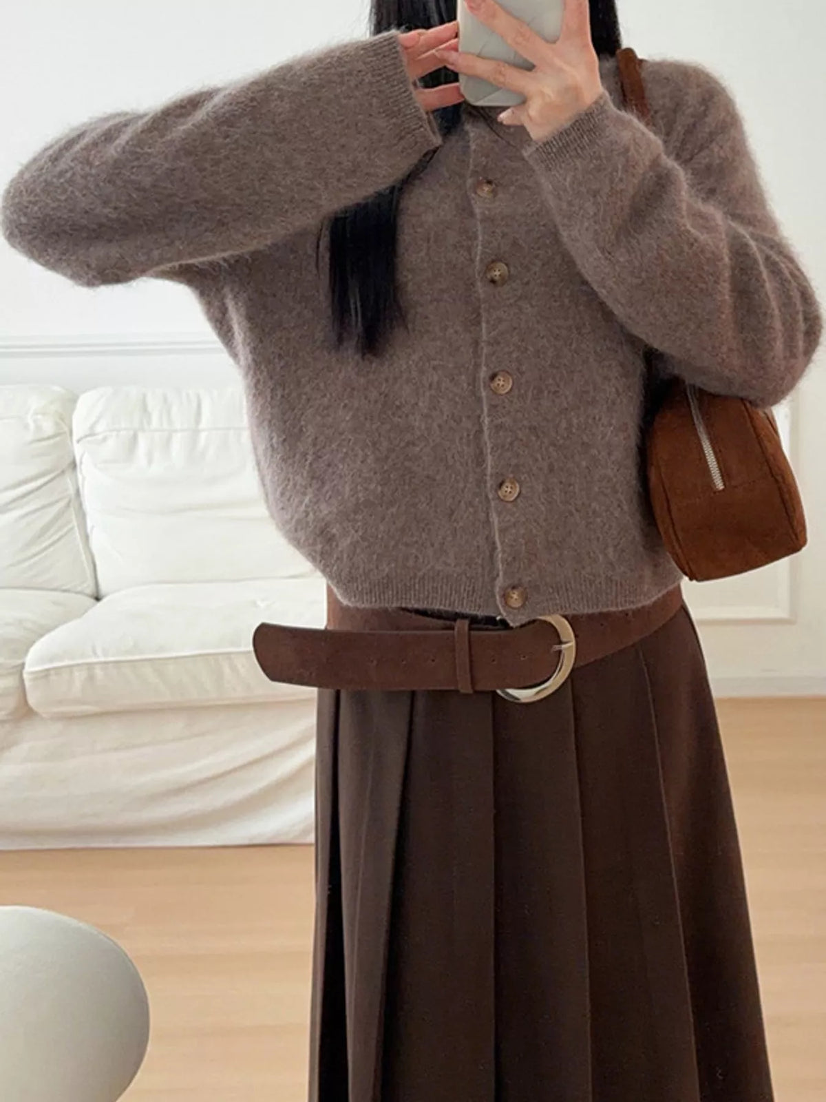 Coffee fuzzy button up cropped cardigan