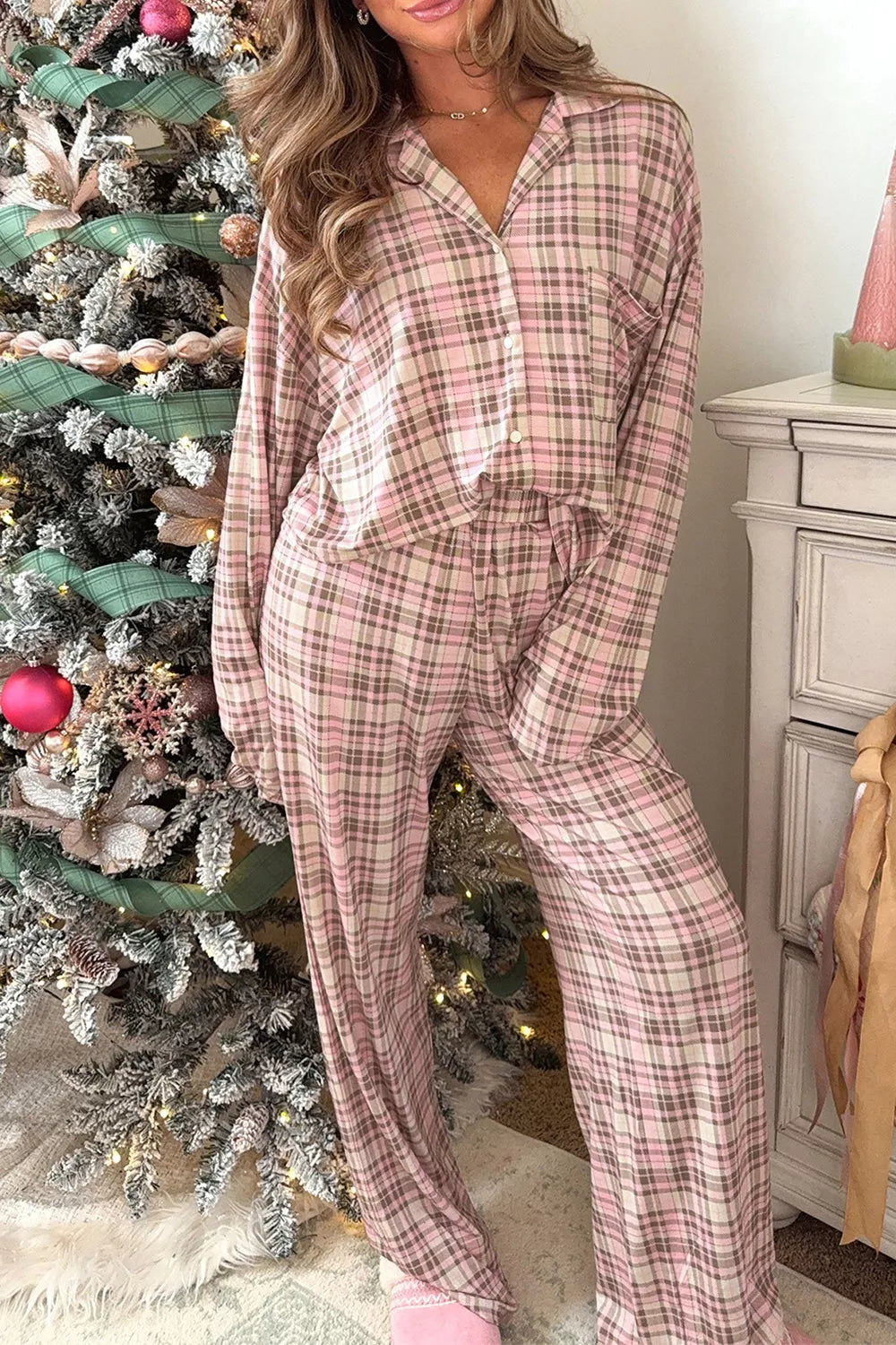 Trendsi Plaid Patch Pockets Long Sleeve Lounge Set -