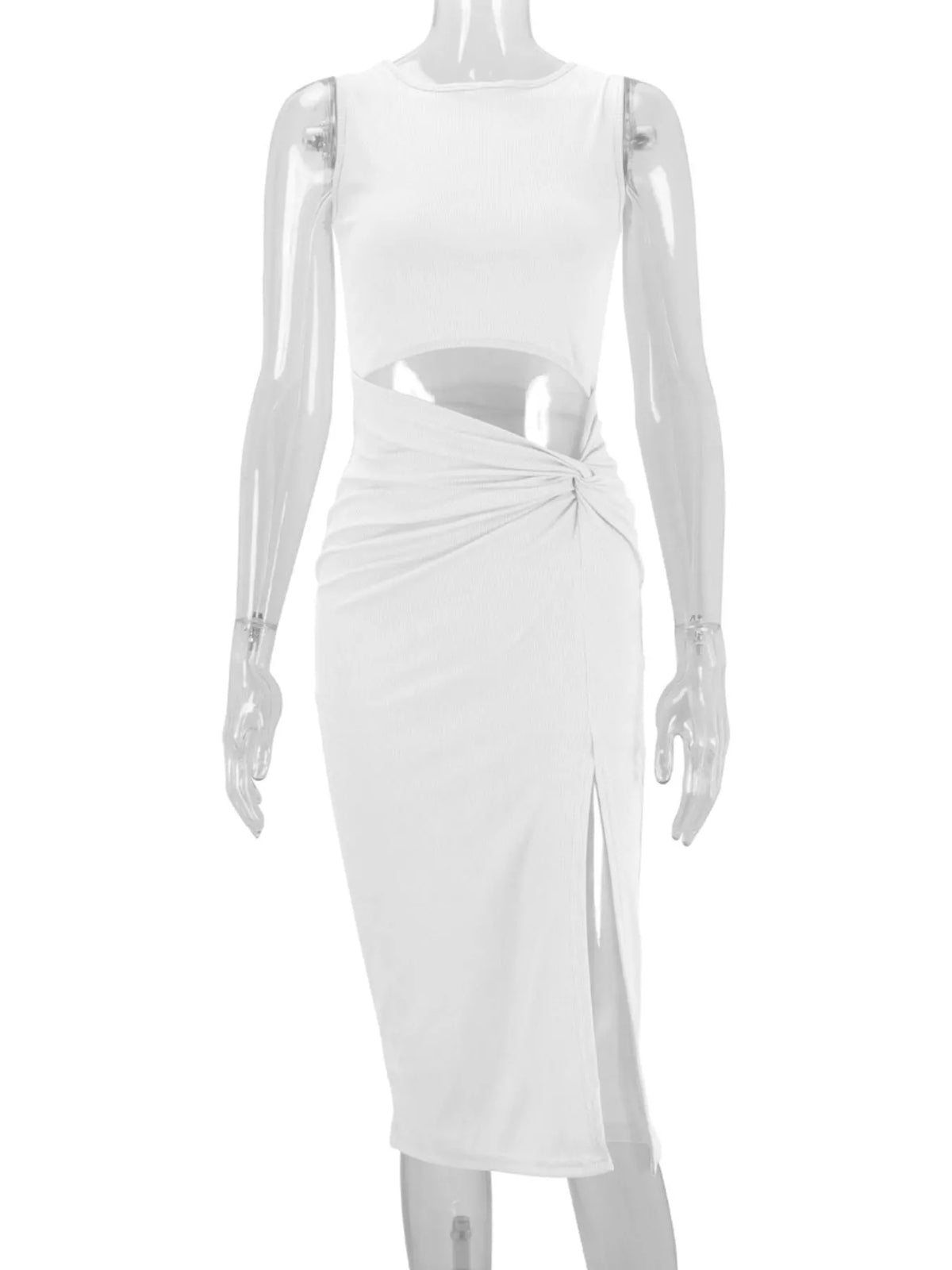 Women's Sleeveless Cut-Out Ruched High-Slit Bodycon Dress in white — mannequin front view