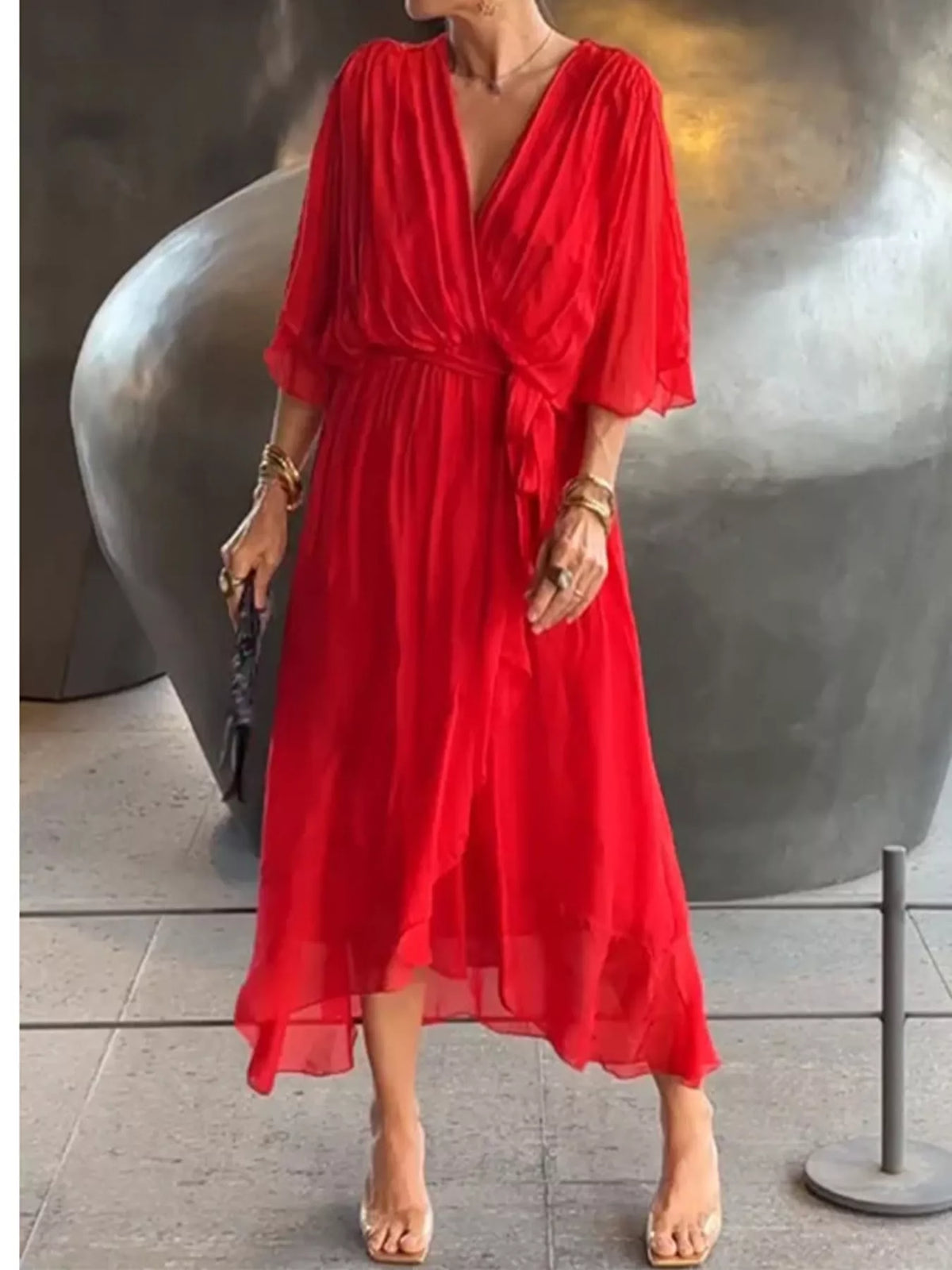 Red batwing sleeve wrap dress with waist tie, front view
