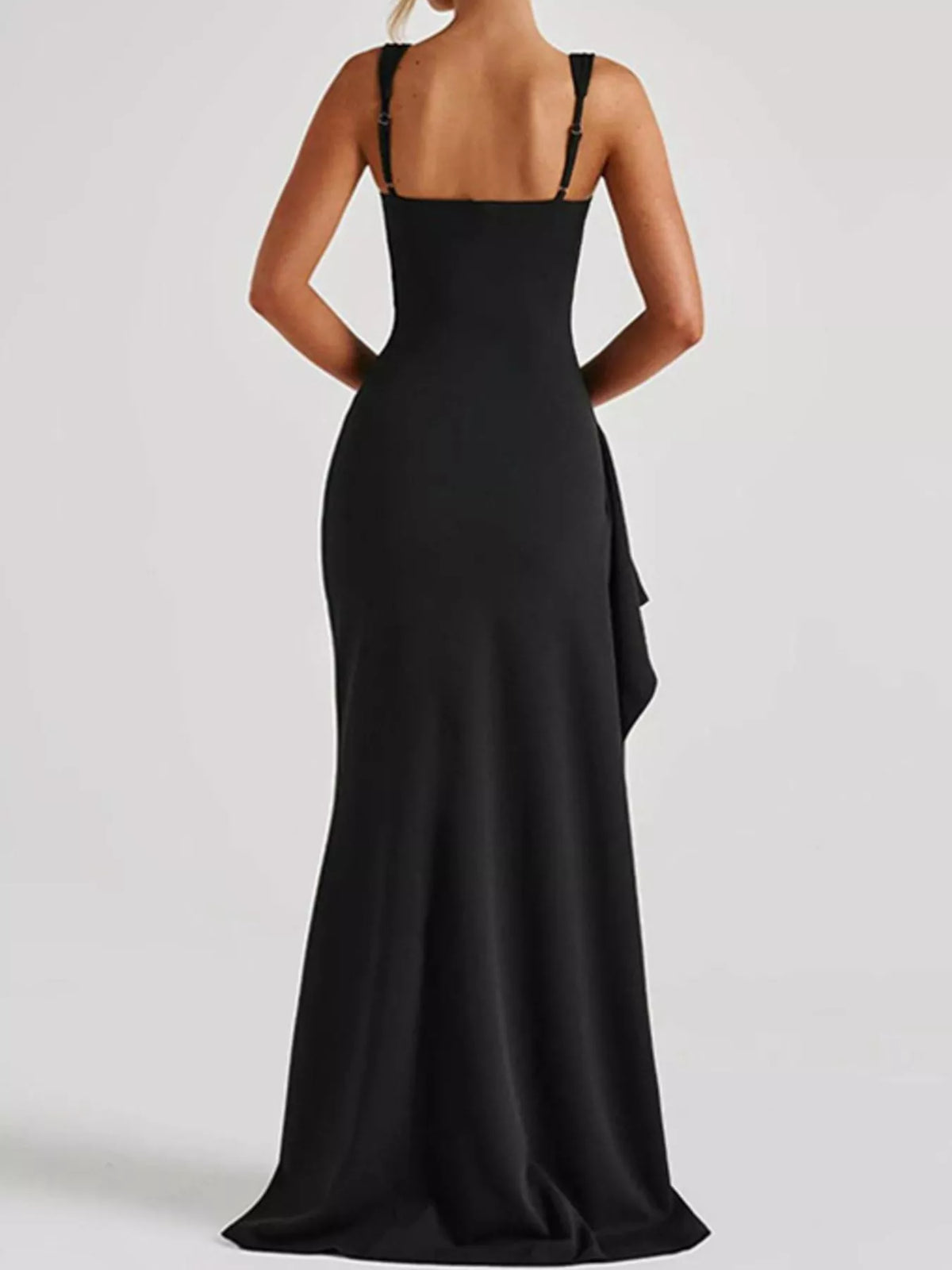 Black slit square neck maxi dress, back view