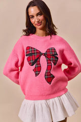 Trendsi SO ME Checker Plaid Ribbon Christmas Holiday Sweater -