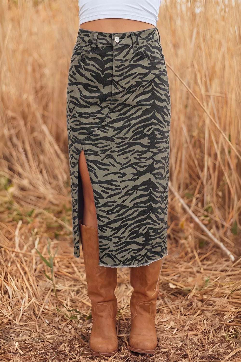 Trendsi Leopard Print Side Split Frayed Hem Denim Midi Skirt -
