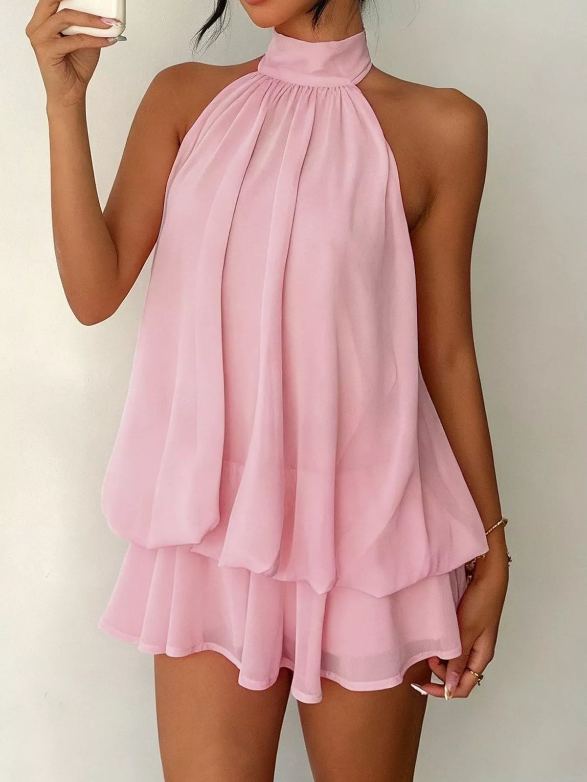 Pink halter neck chiffon mini dress