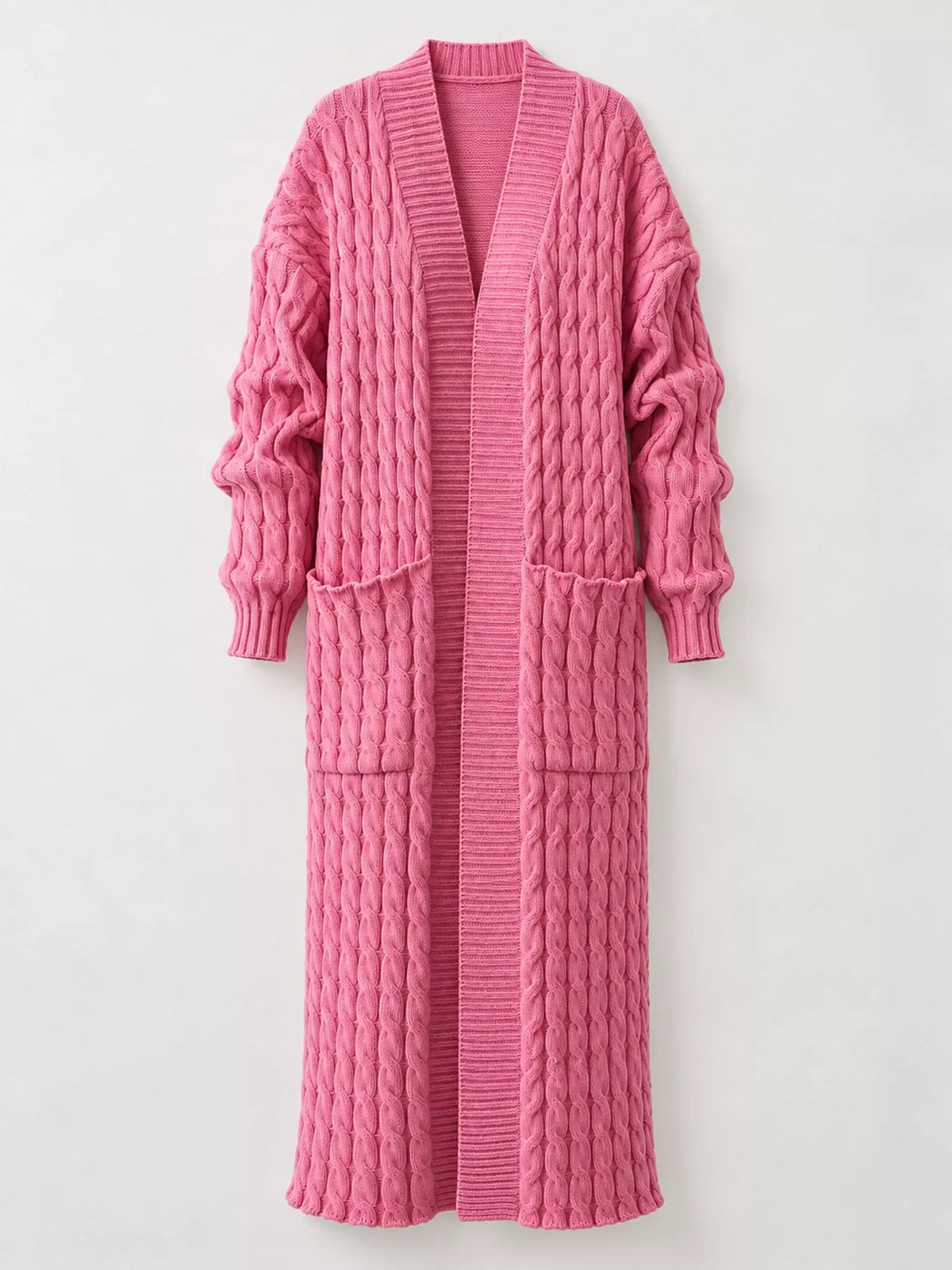 Pink cable-knit longline open-front cardigan, back view