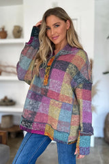 Trendsi Double Take Full Size Plaid Dropped Shoulder Fleece Hoodie - Shirts