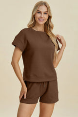 Trendsi Double Take Full Size Texture Short Sleeve Top and Shorts Set -