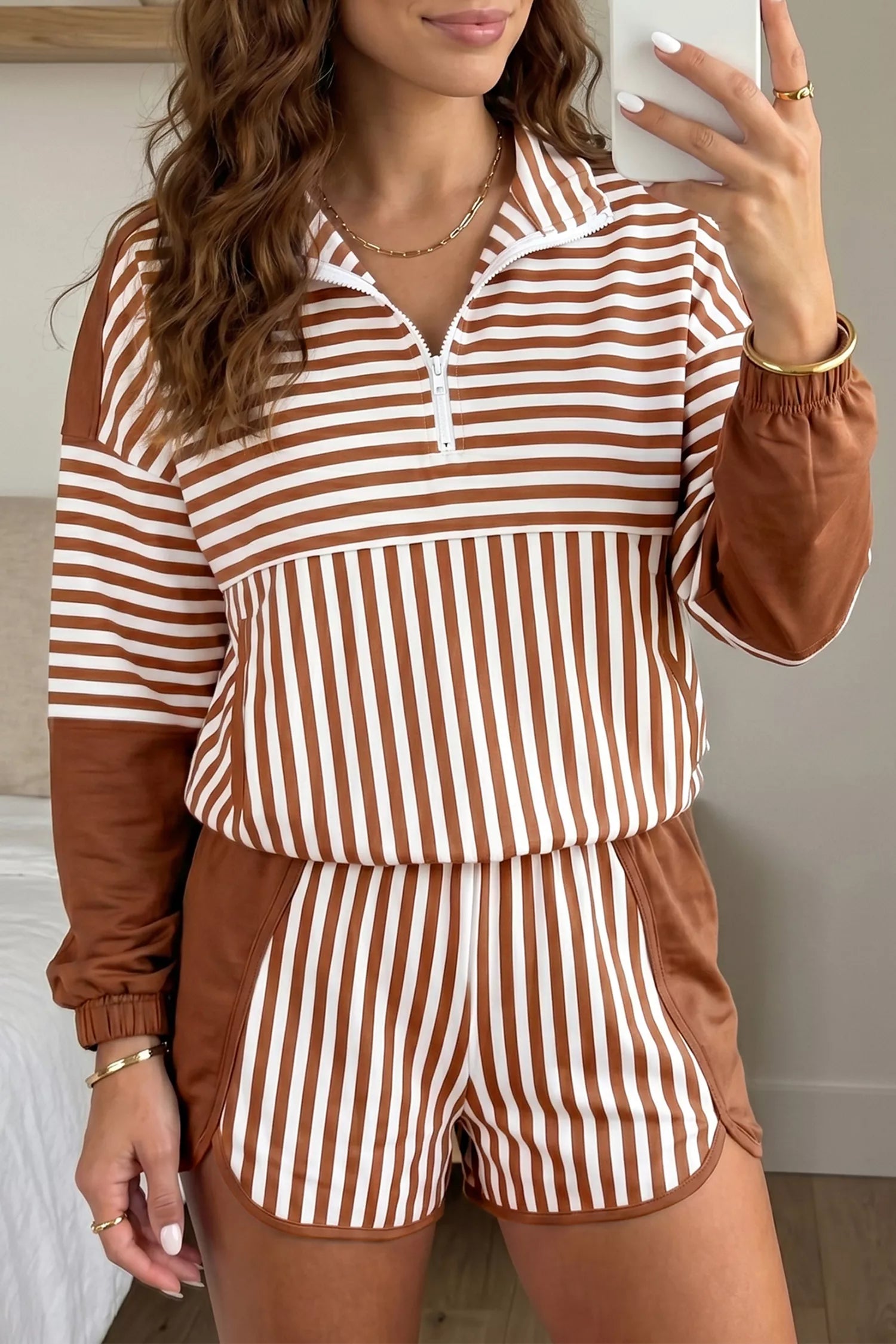Trendsi Stripe Color Block Patchwork Quarter Zip Pullover Sporty Shorts Set -
