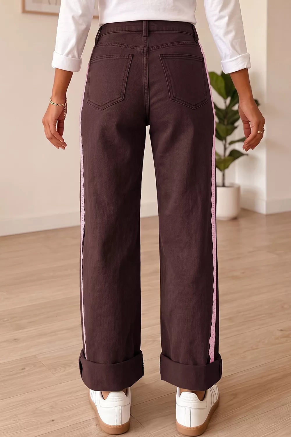 Trendsi Lace Trim Casual Full-Length Regular Fit Jeans -