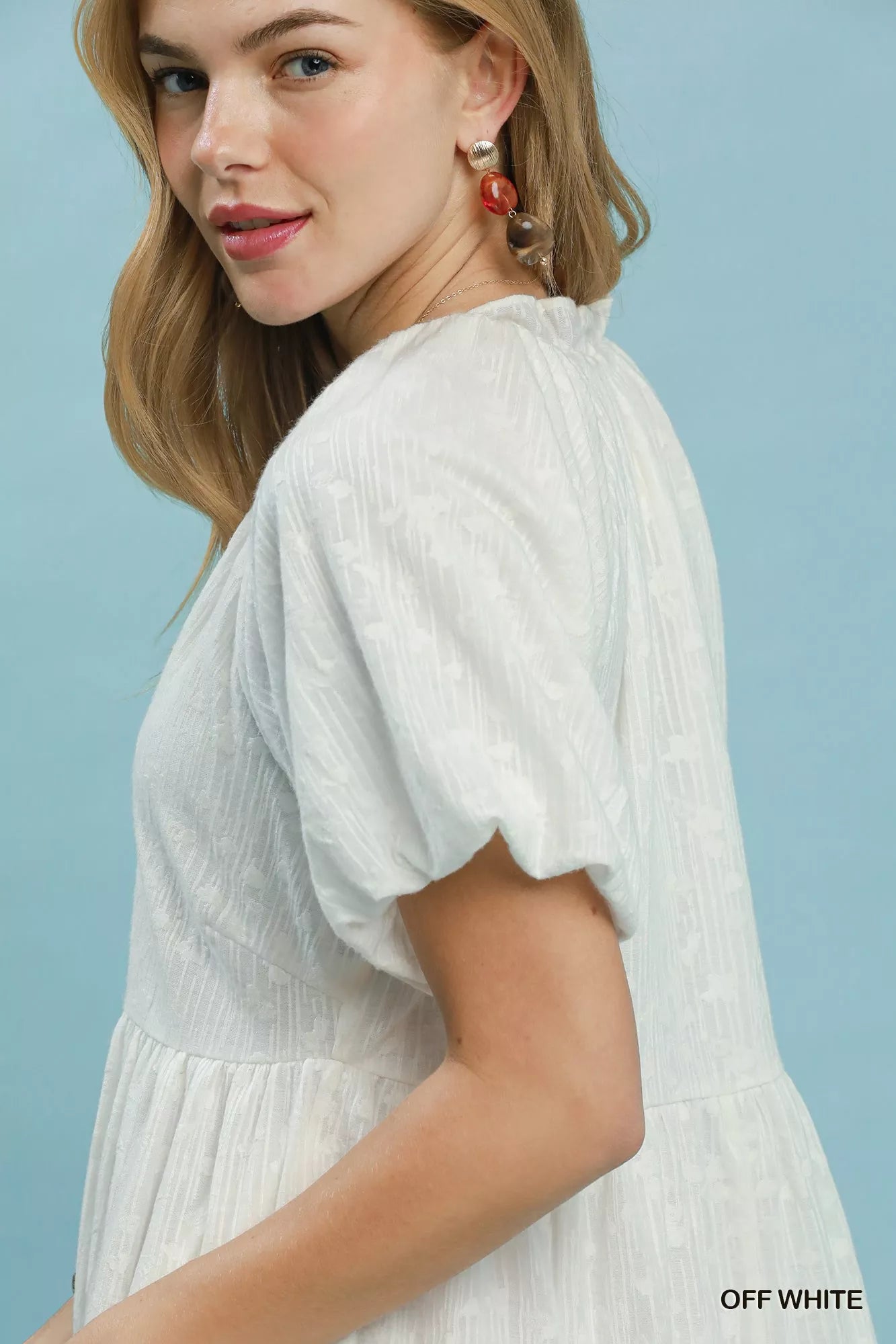Women's jacquard mini dress with puff sleeves and V-neck - product view 5