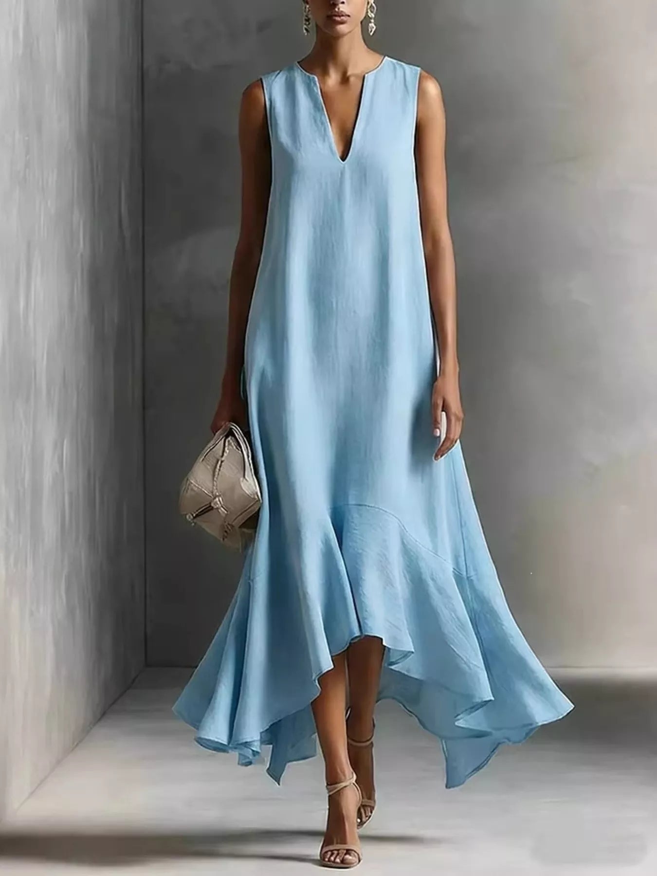 Trendsi Ruffled Hem Sleeveless Notched Dress -