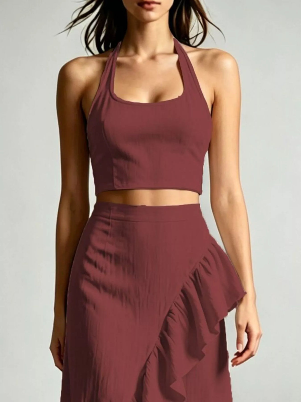 Burgundy Halter Neck Crop Top and High-Low Maxi Skirt Two-Piece Set detail view