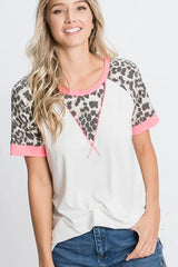 Trendsi Women’s Leopard Print Short Sleeve T-Shirt Stitch Detail Spandex Plus Size - Shirts