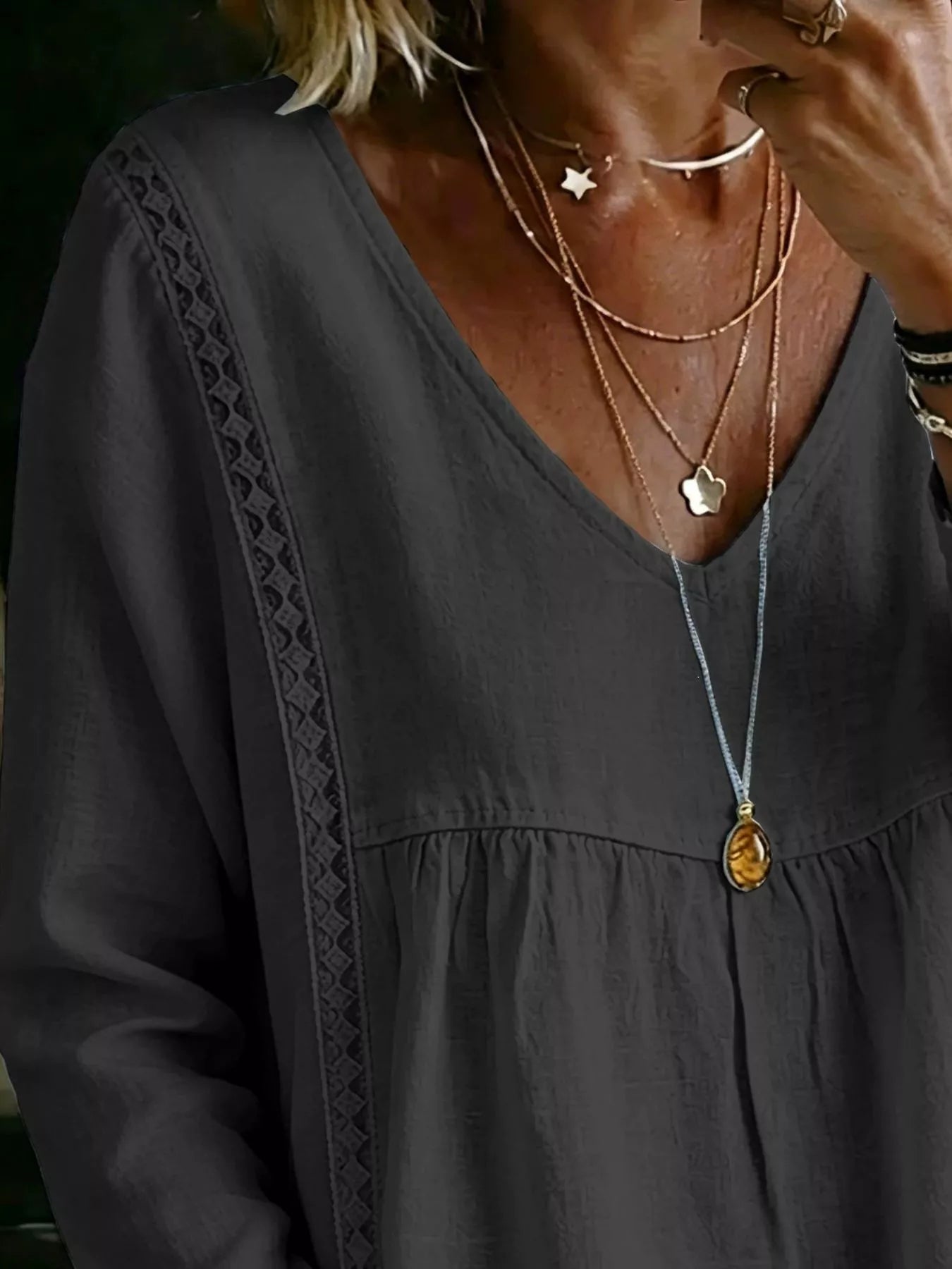 Trendsi Full Size V-Neck Lace Trimmed Long Sleeve Blouse Plus Size -