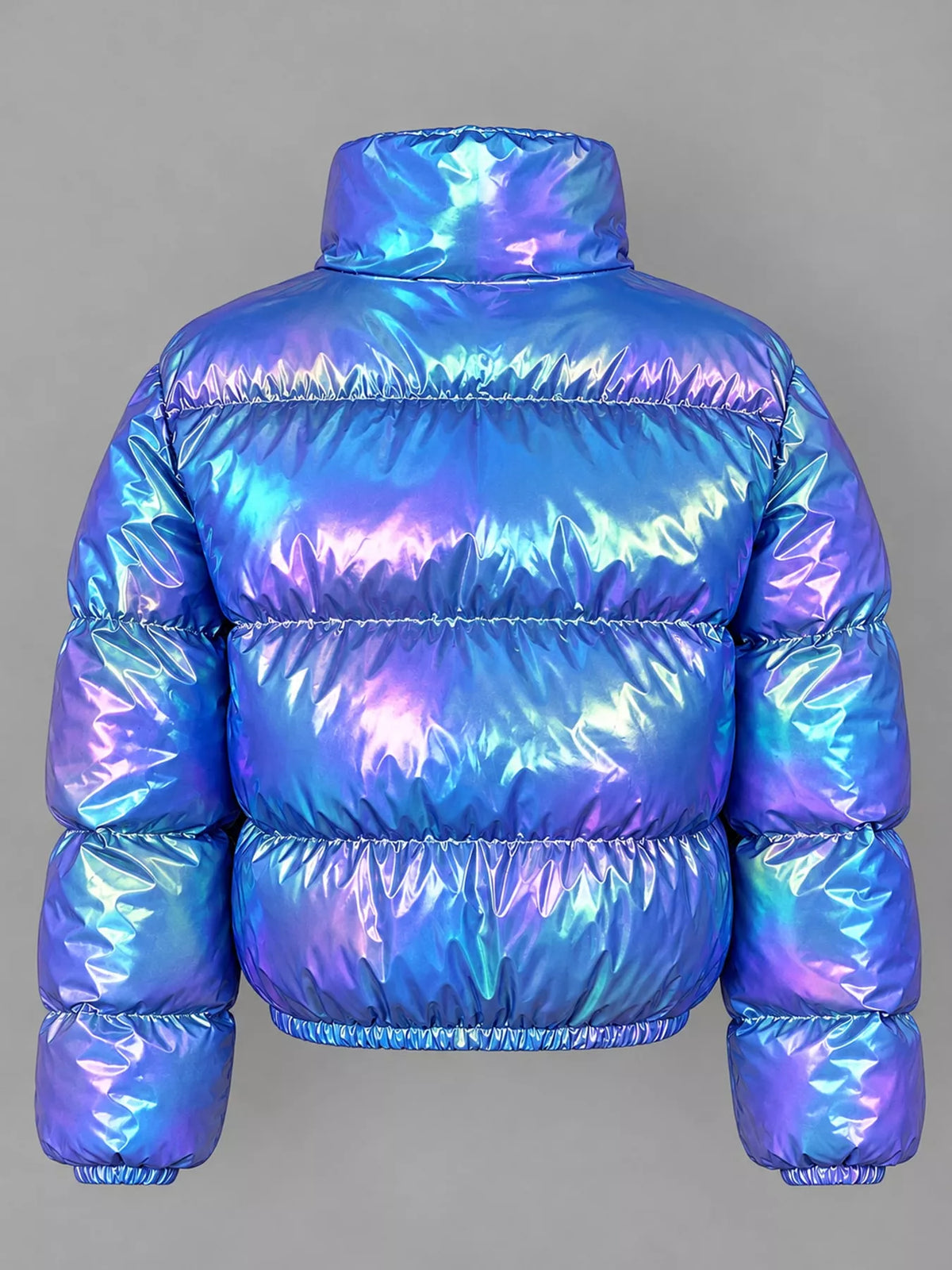 Glossy Stand-Collar Zip-Up Puffer Jacket — back view