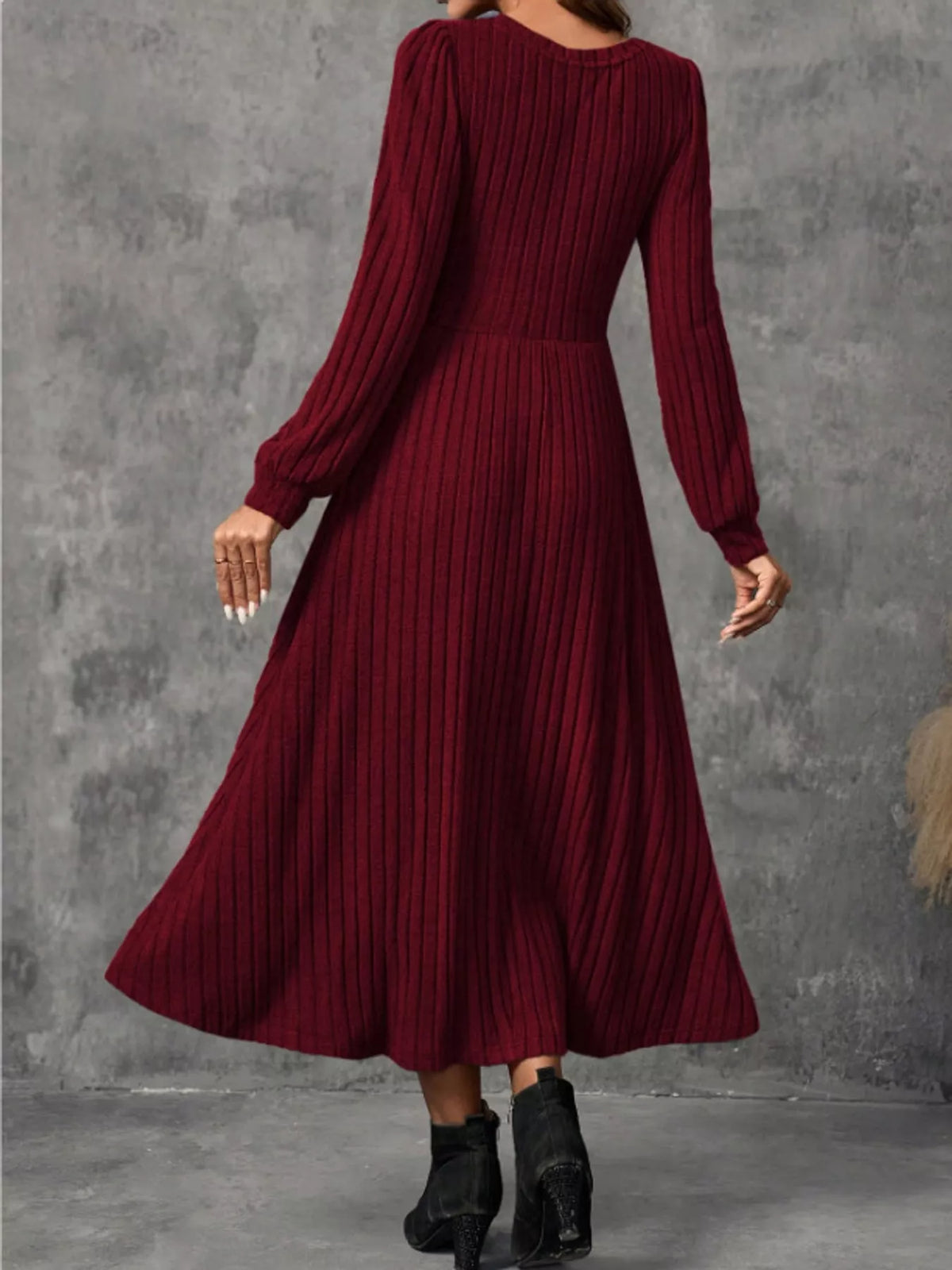 Women's Ribbed Knit Long Sleeve A-Line Midi Dress in burgundy — back view