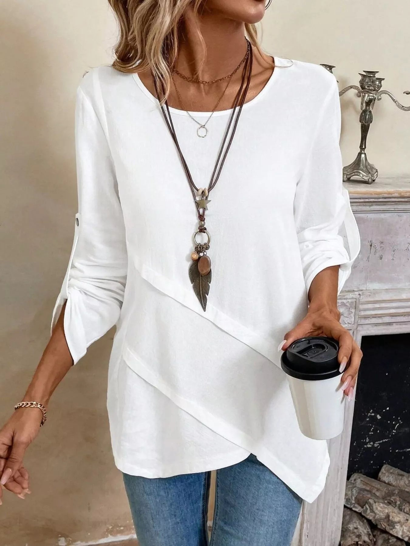 Trendsi Asymmetrical Hem Solid Color Linen Blouse -
