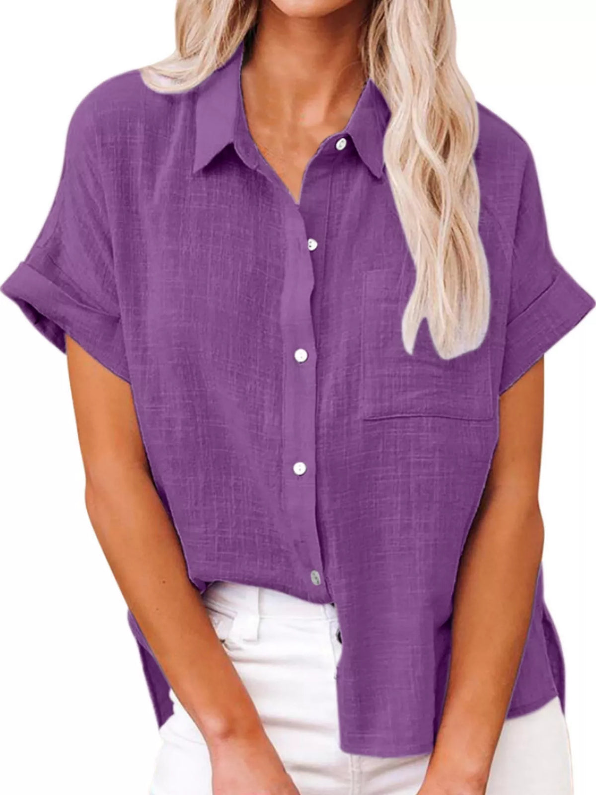 Women's Button Up Short Sleeve Shirt in purple — front view