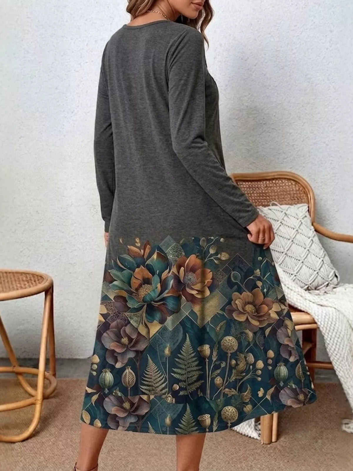 Women's Floral Print Long Sleeve Midi Dress in Gray, alternate view