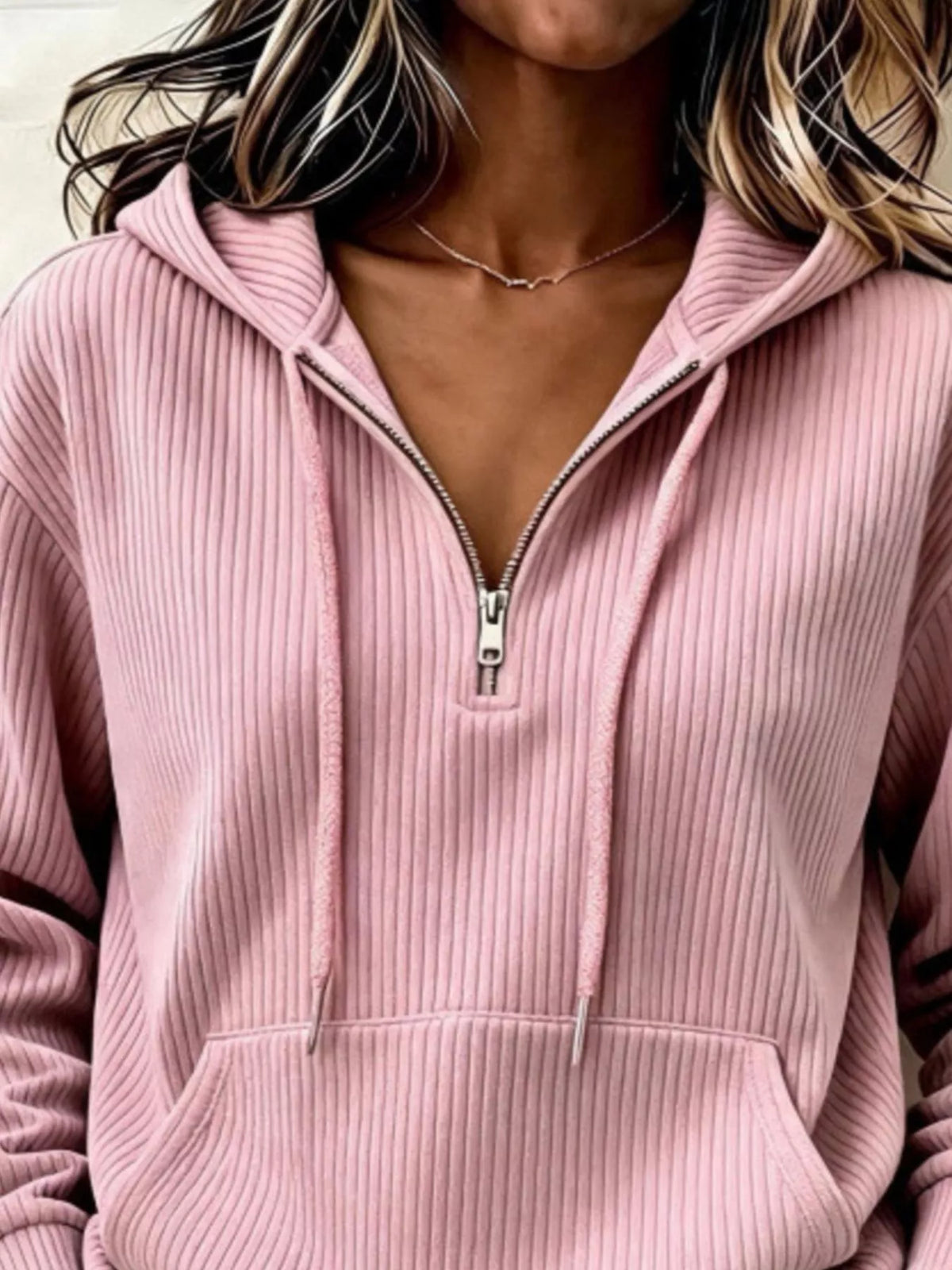 Ribbed Knit Quarter-Zip Hoodie, neckline detail
