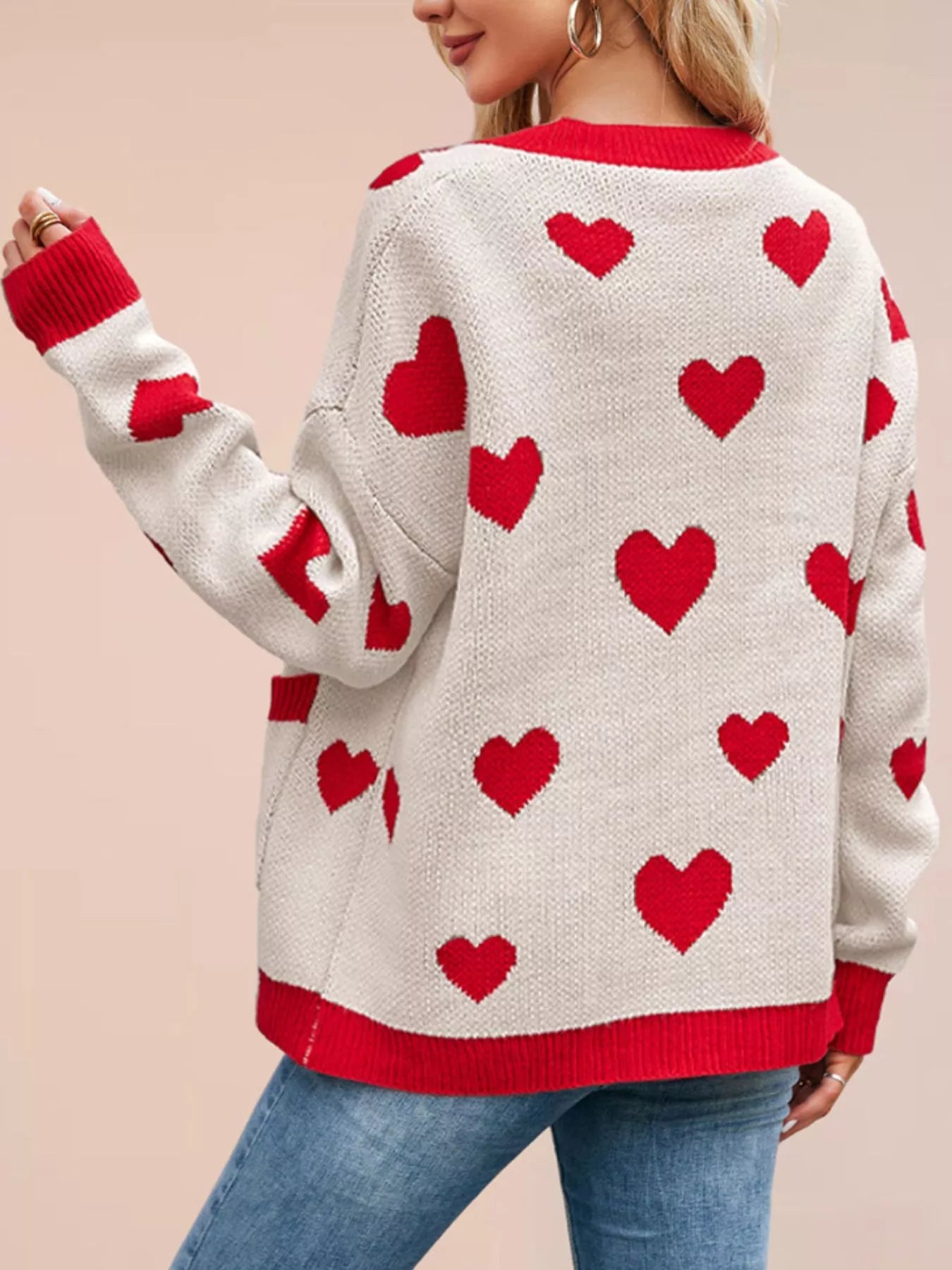 Trendsi Heart Pattern V-Neck Button-Down Knit Cardigan -