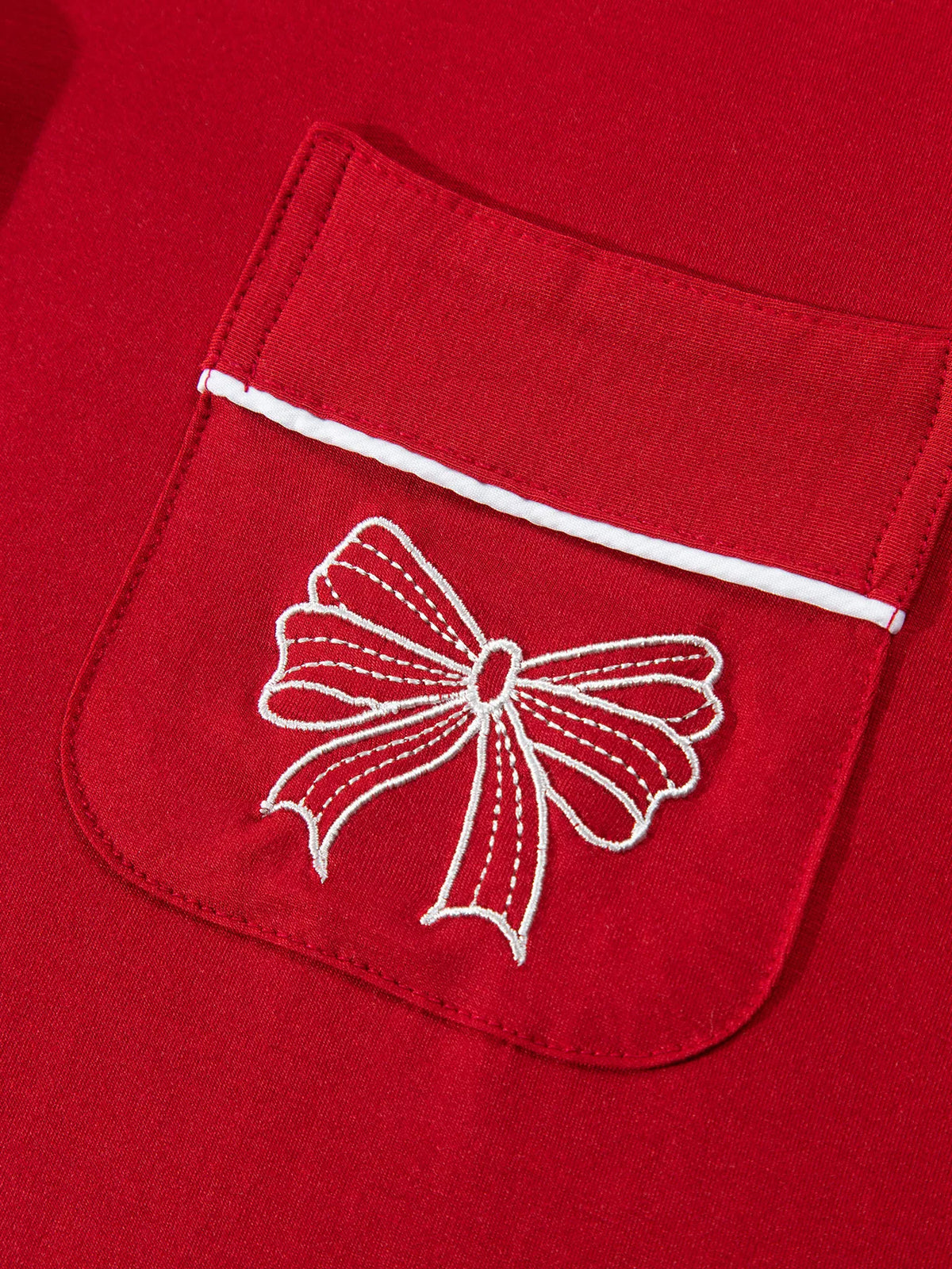 Deep Red bow pocket long sleeve pajama set