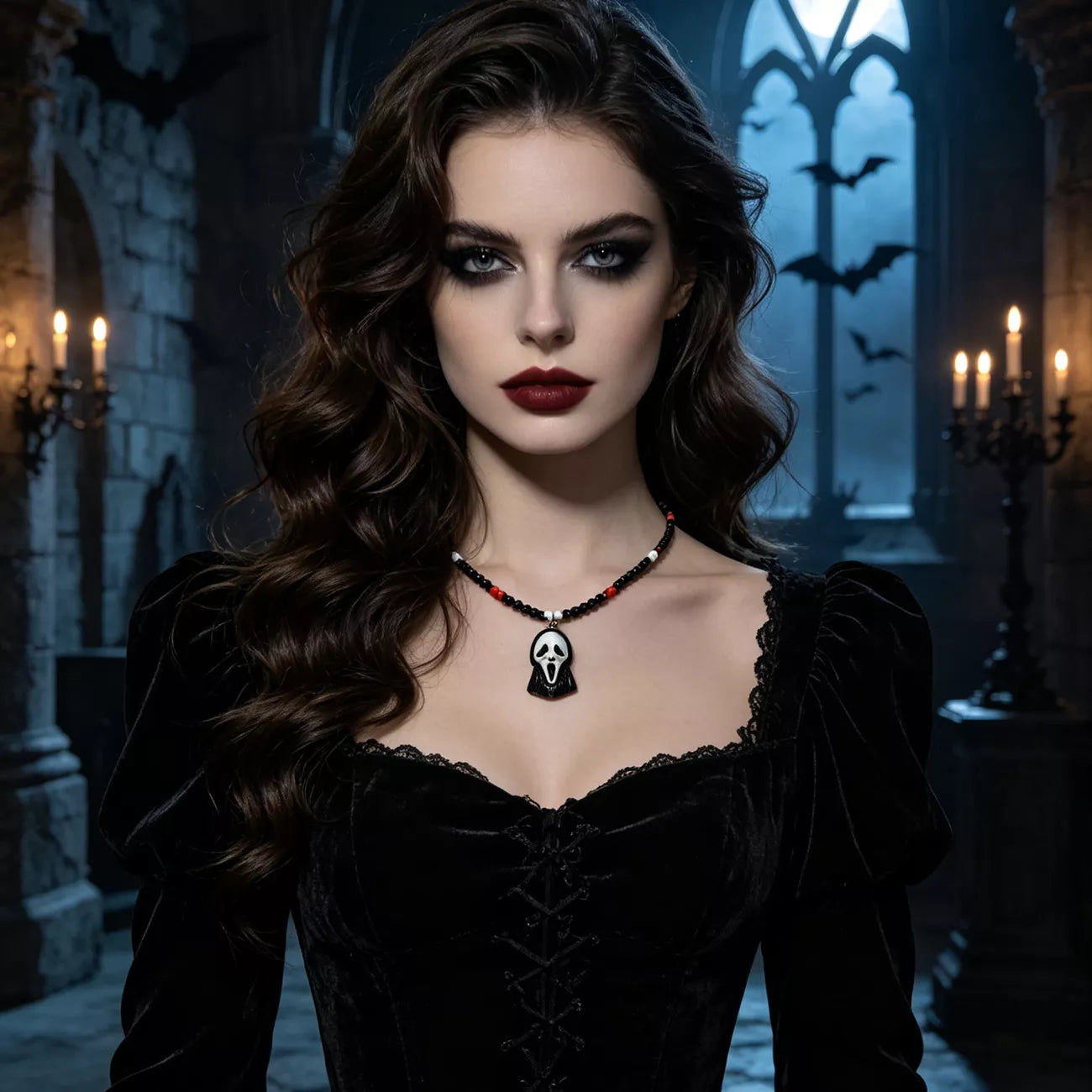 Trendsi Gothic Horror Scream Mask Beaded Pendant Necklace -