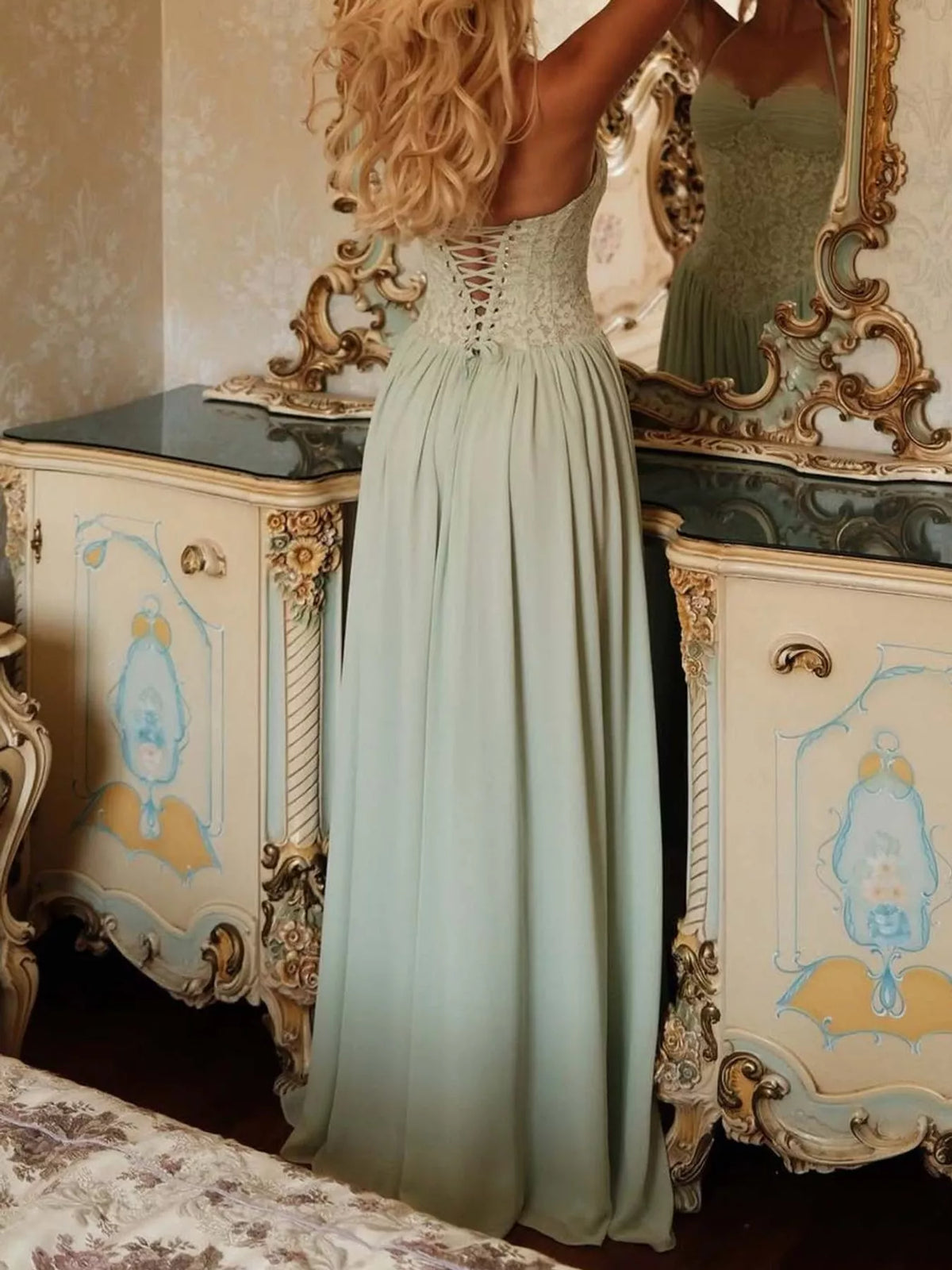 Mint green lace corset halter neck maxi dress — front view