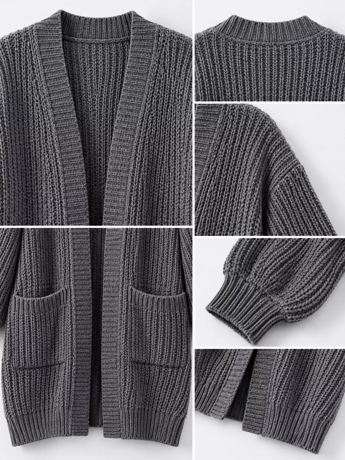 Longline knit cardigan, gray detail collage