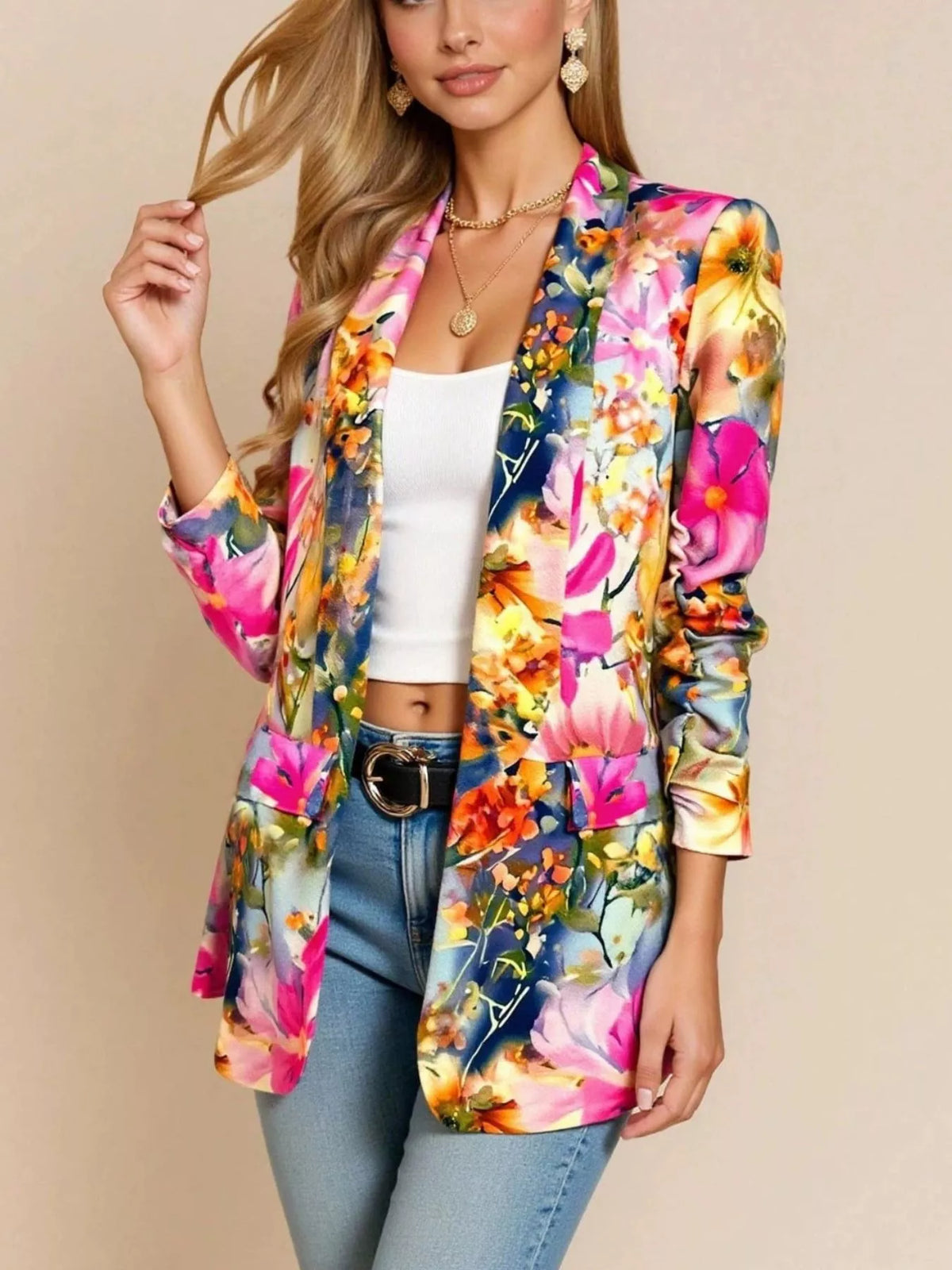 Hot Pink floral print button up blazer