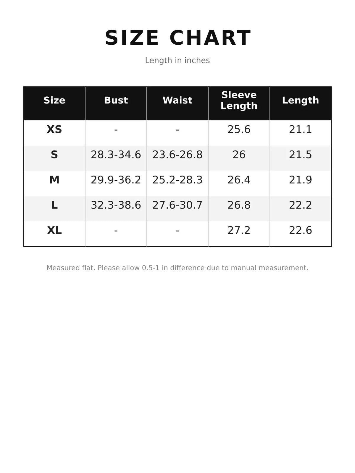 Boat neck long sleeve t-shirt, size and measurement chart