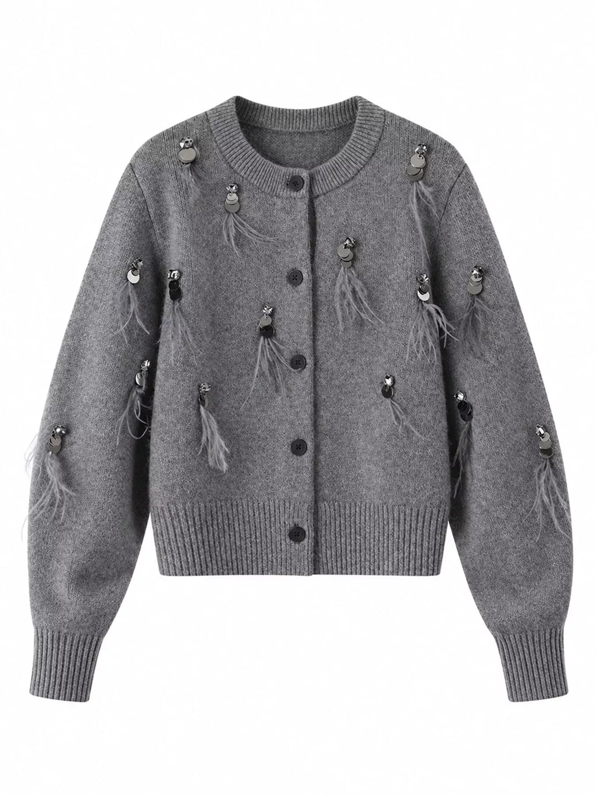 Sequin Feather-Embellished Knit Cardigan in gray
