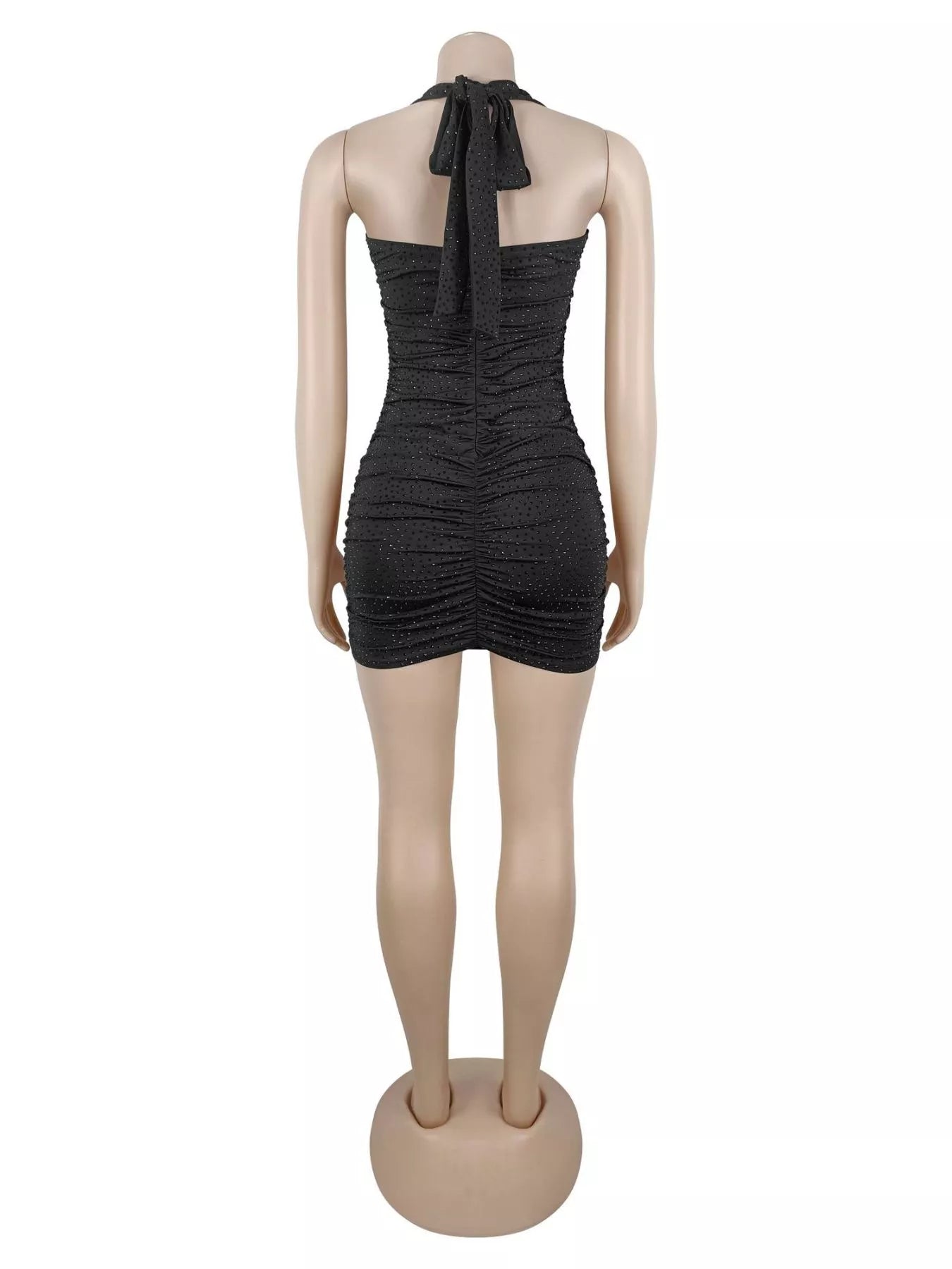 Trendsi Rhinestone Ruched Halter Neck Bodycon Mini Dress -