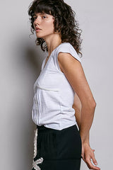 Trendsi POL V-Neck Lightweight Textured Short Sleeve Knit Top with Lace Trim -