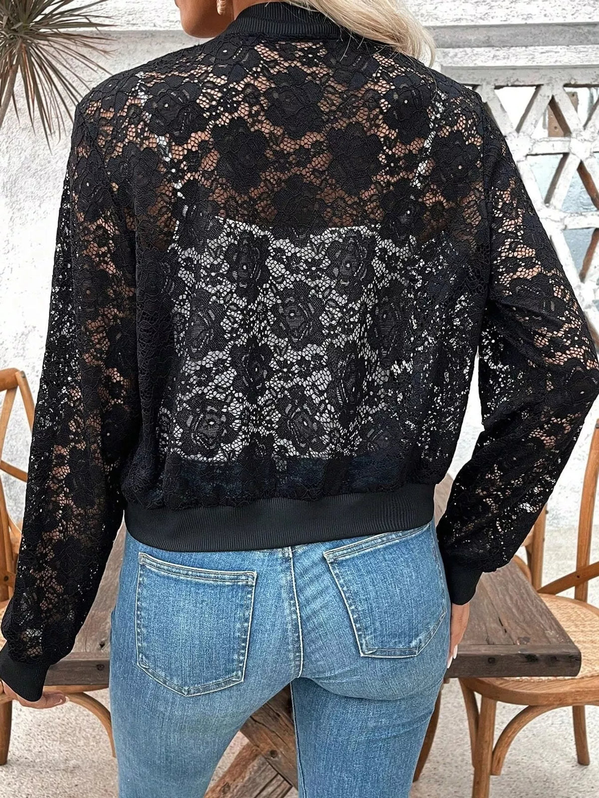 Black sheer lace zip-up jacket, back view
