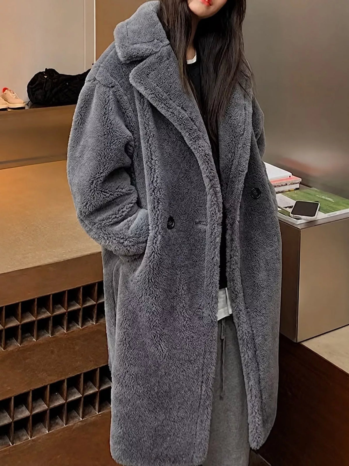 Collared long sleeve jacket, front view on model